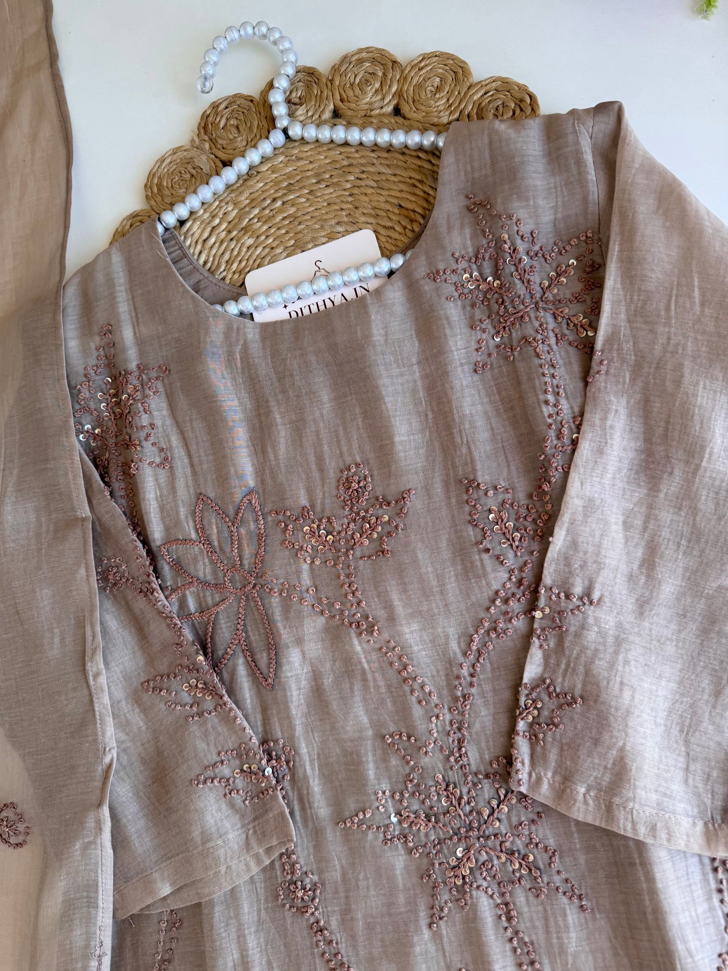 K056 - Mul chanderi French knot embroidered Aline Kurti with pants and dupatta in 2 colours