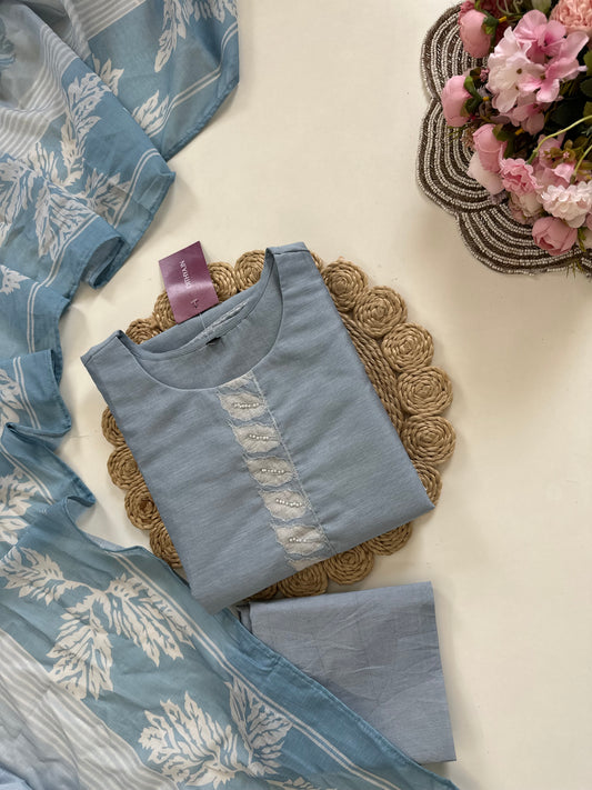 K220 - Linen cotton handwork straight Kurti with pants and  dupatta