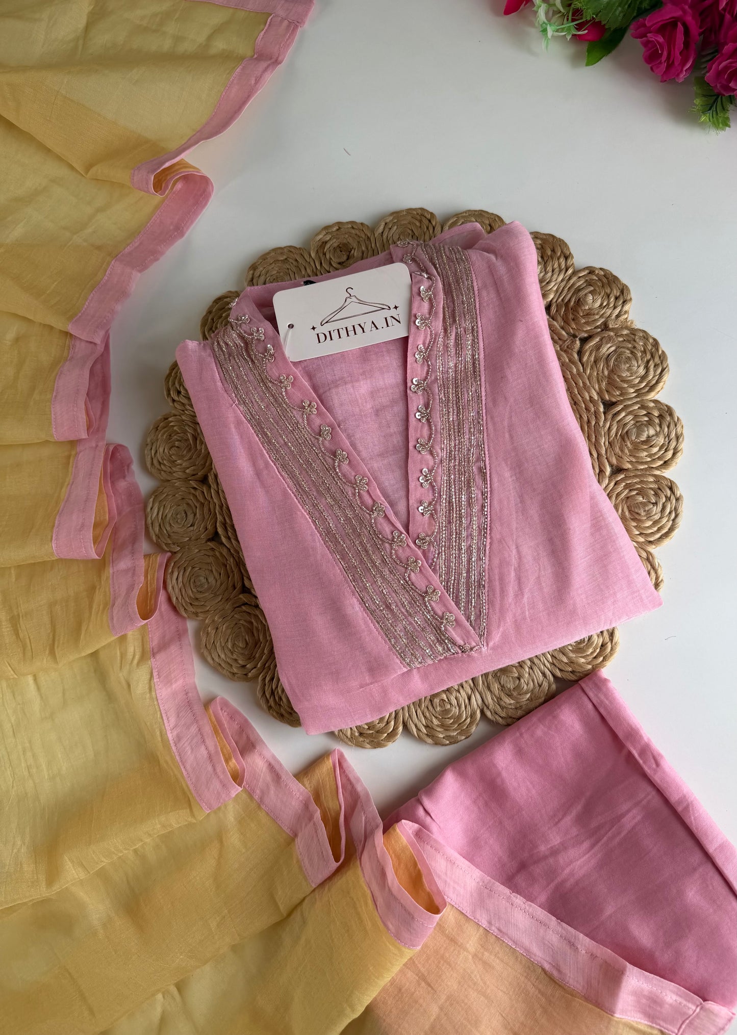 K734 - Mul chanderi handwork aline Kurti with pants and dupatta