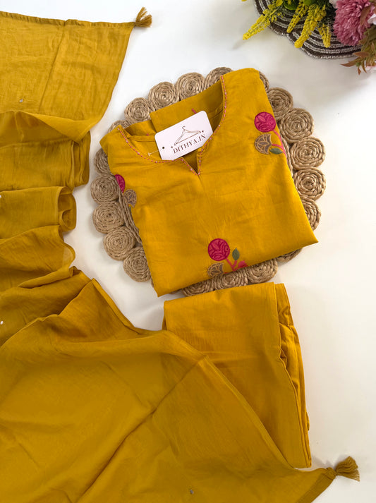 K350 - Pure Mul cotton embroidered straight Kurti with pants and dupatta