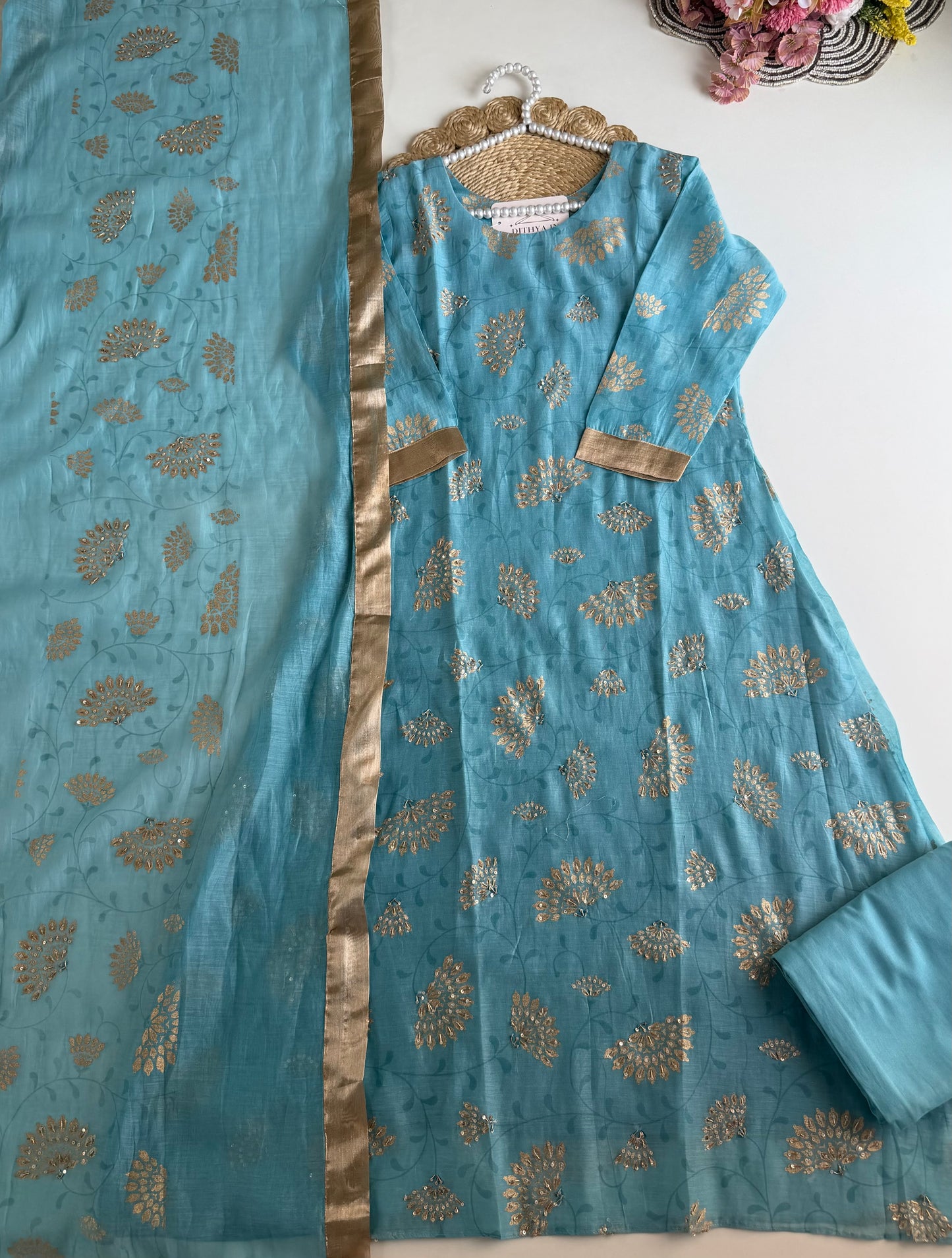 K502 - Mul chanderi handwork aline Kurti with pants and dupatta