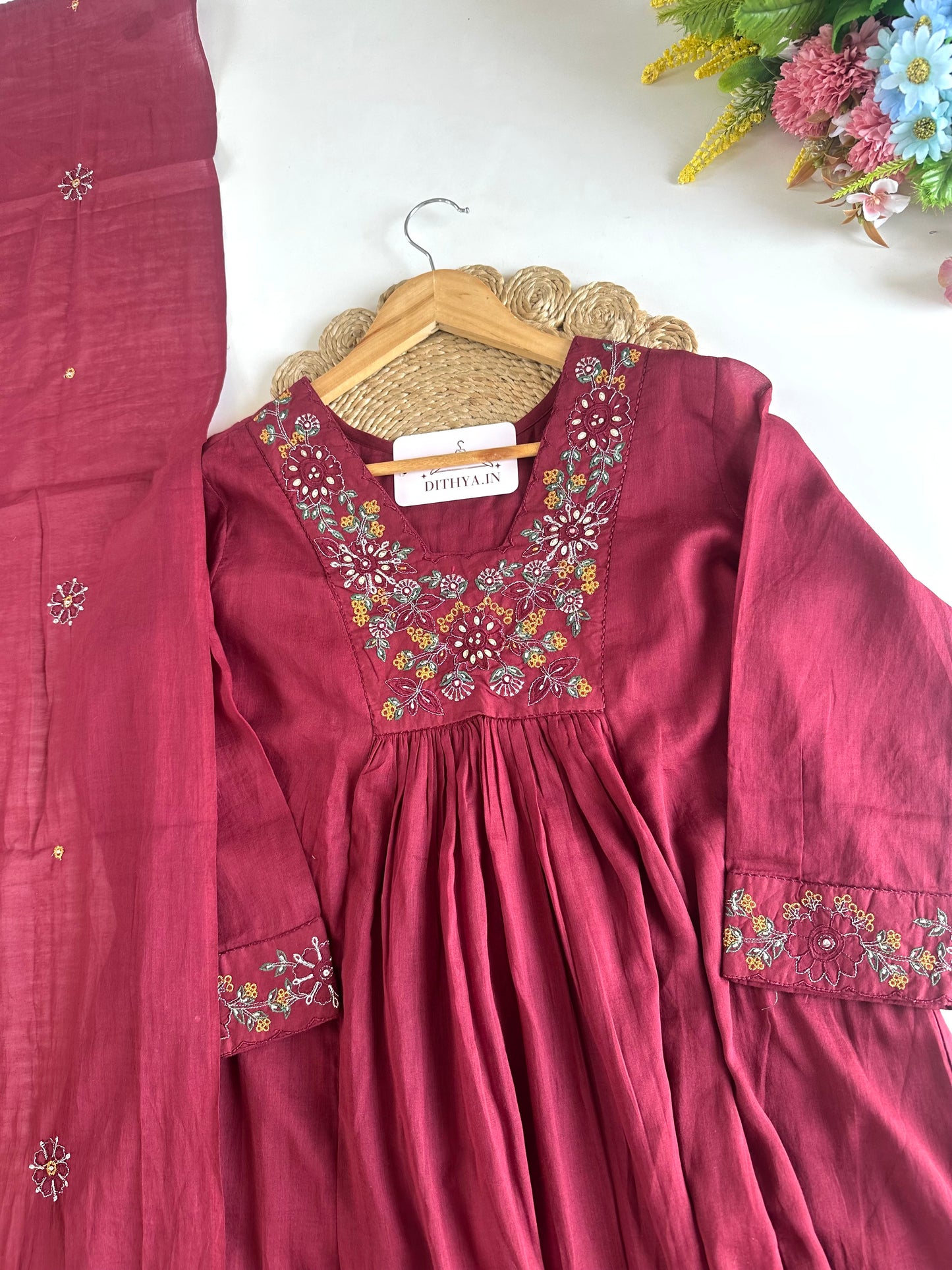 K395 - Mul cotton embroidered Anarkali with pants and dupatta