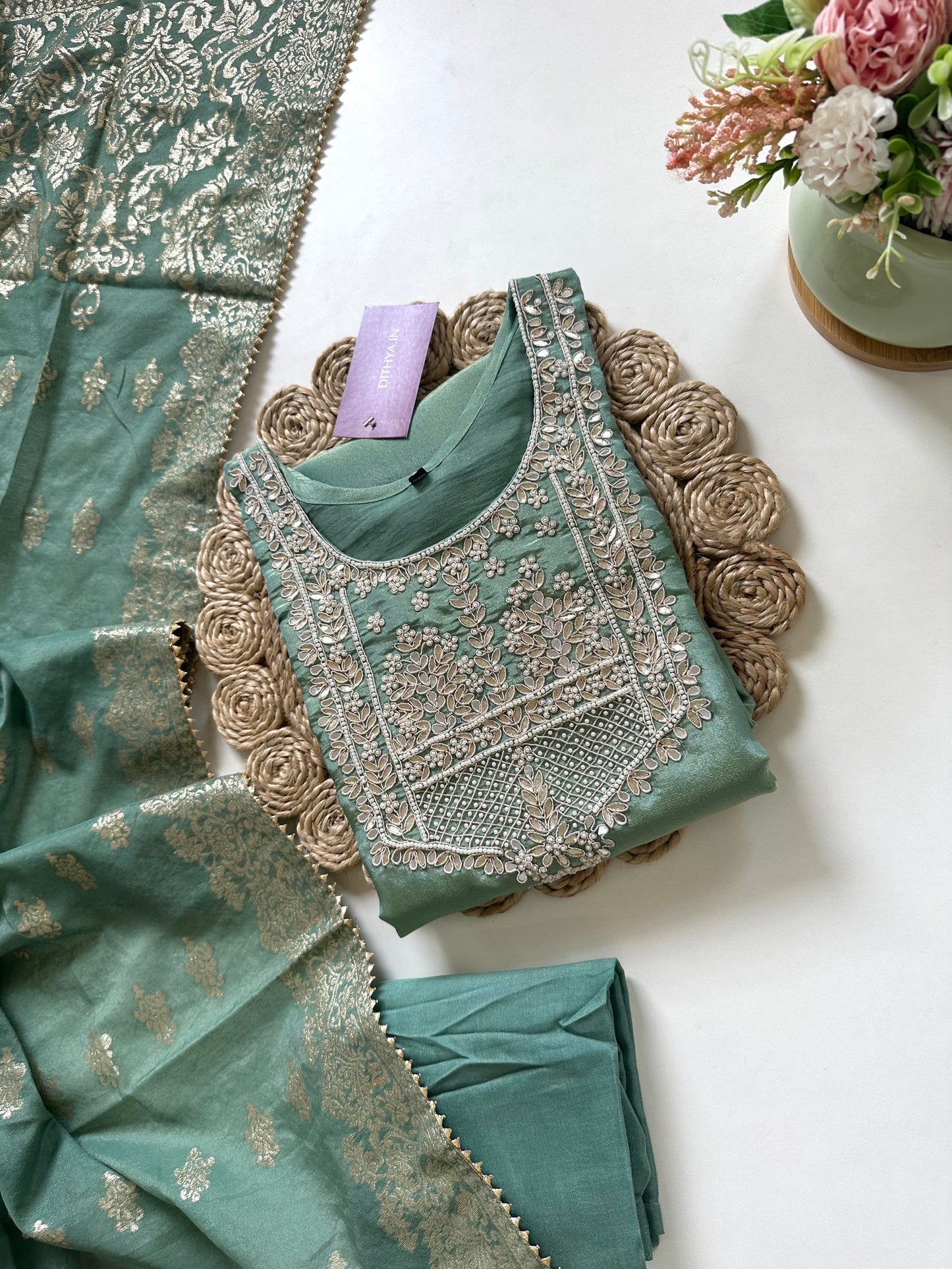 K274 - Gota handwork tissue straight kurti with straight pants and jacquard silk dupatta.