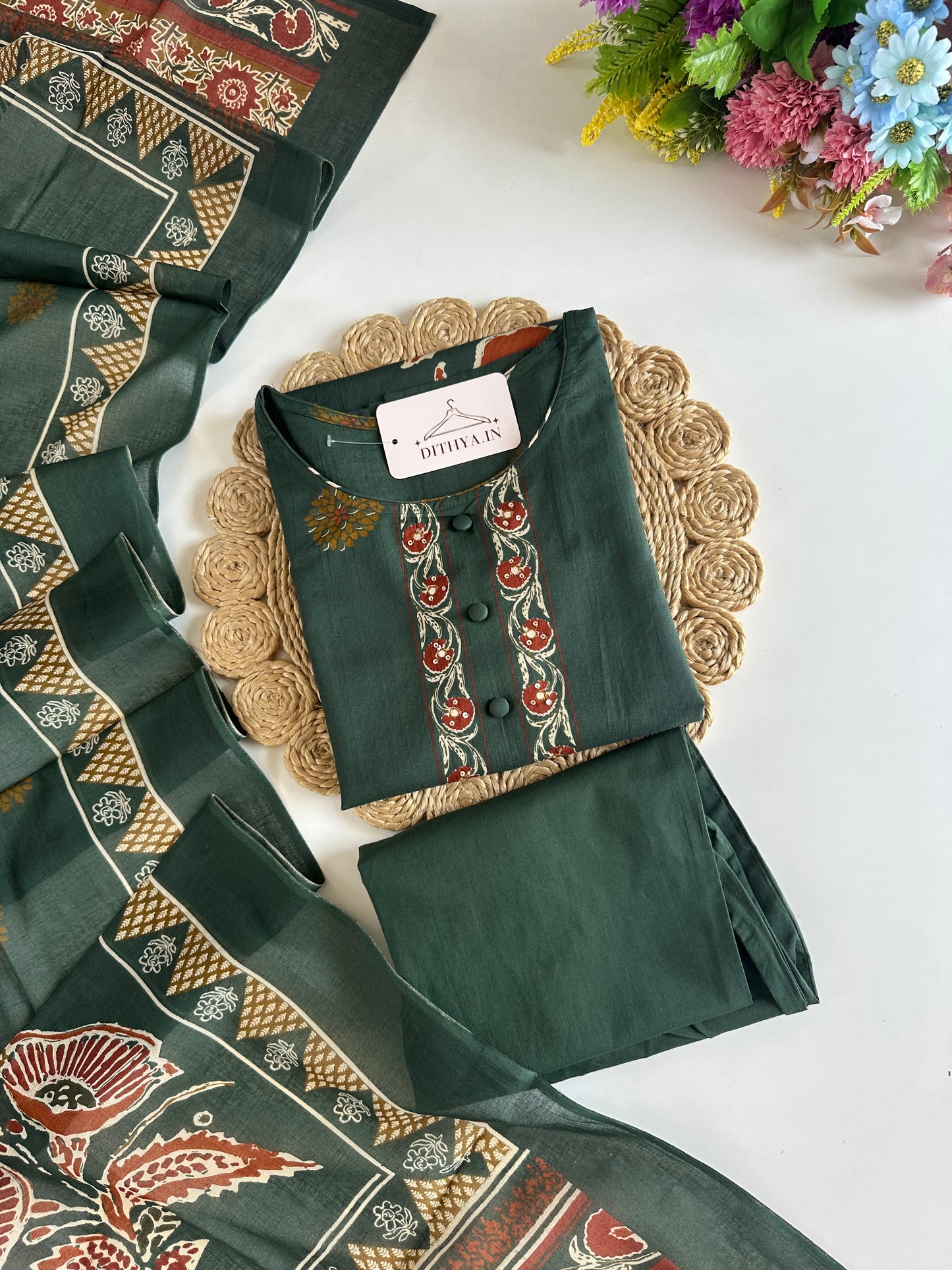 K341 - Mul cotton printed straight Kurti with pants and dupatta