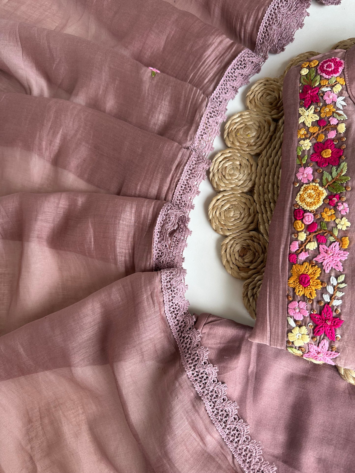 K350 - Mul Chanderi embroidered Aline Kurti with pants and dupatta