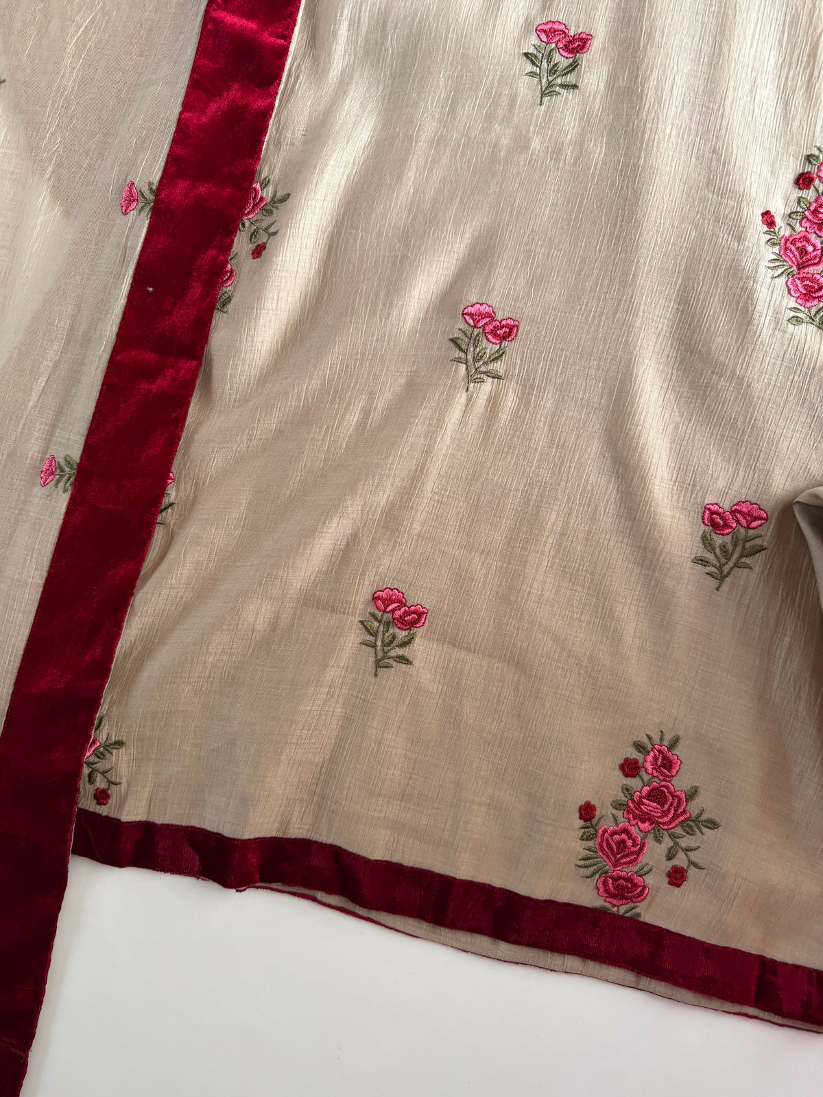 K083 - Crushed Mul cotton embroidered Aline Kurti with pants and dupatta