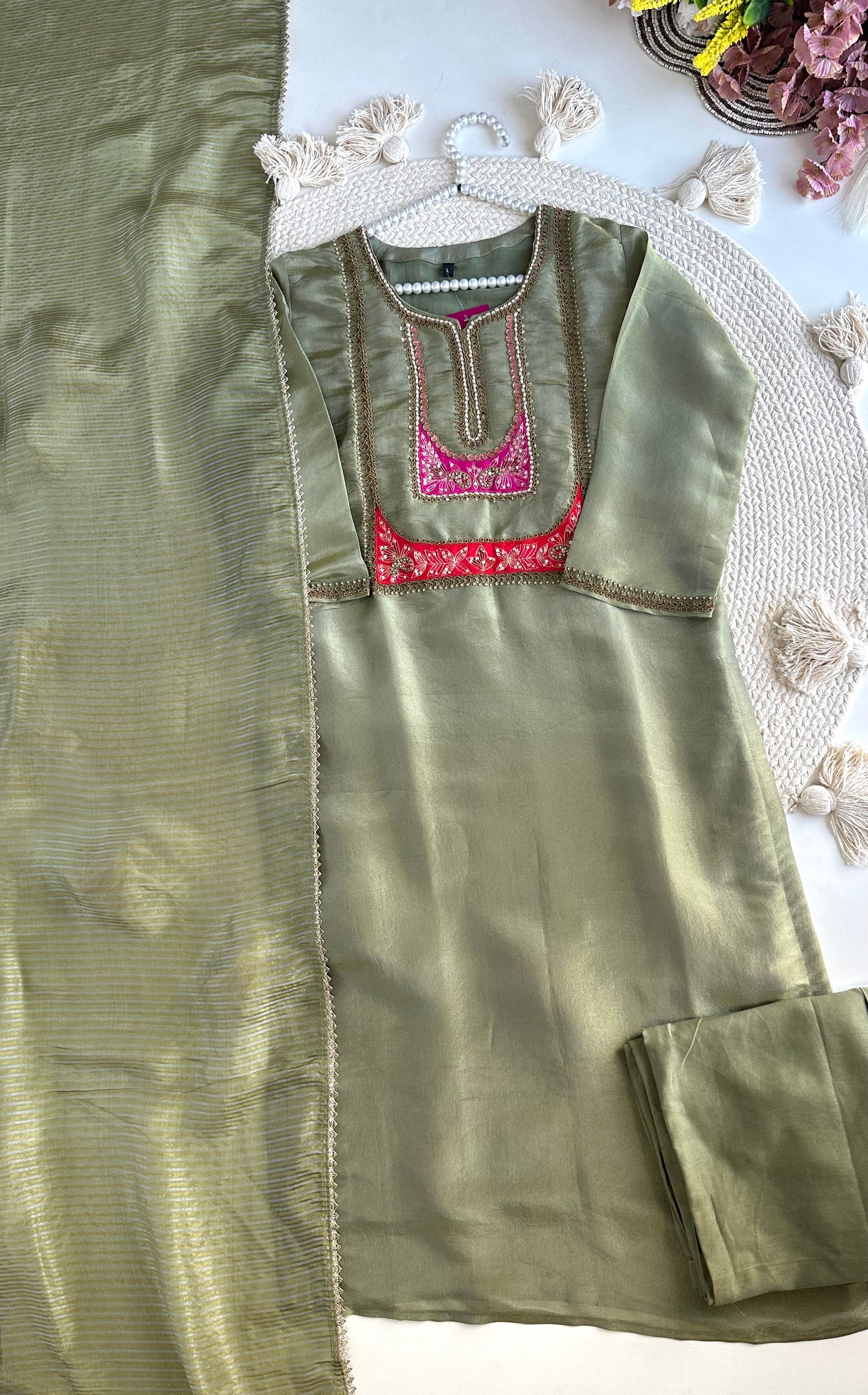 K421 - Tissue silk handwork straight Kurti with pants and dupatta in 2 colours