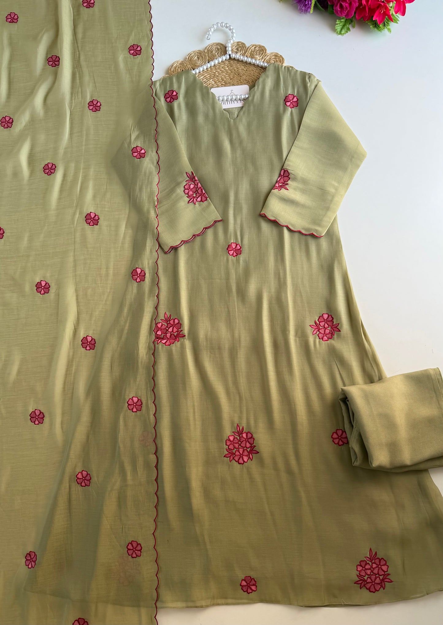 K075 - Mul chanderi embroidered Aline Kurti with pants and dupatta