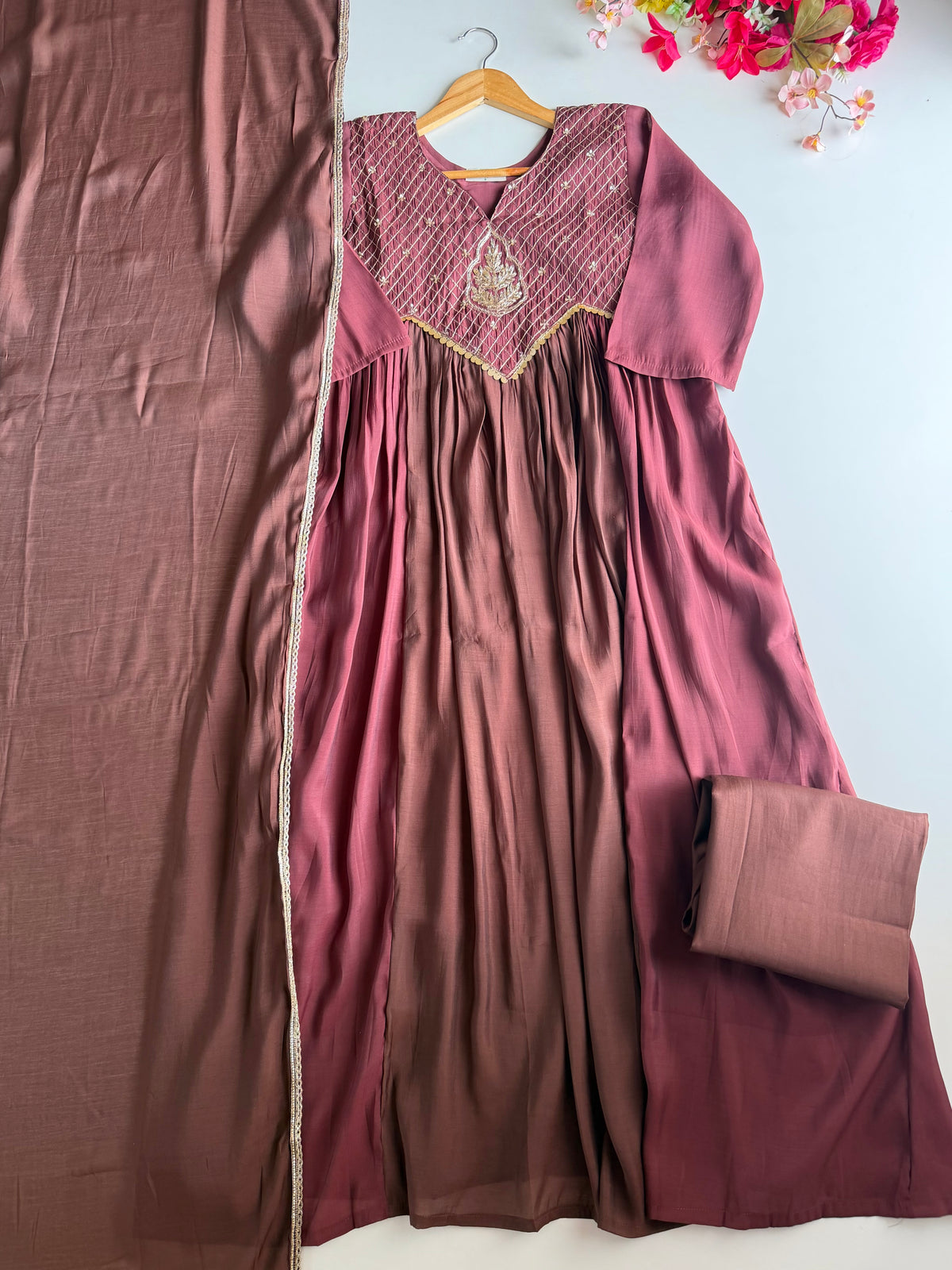 K737 -Surat Mul chanderi Handwork Anarkali with pants and dupatta