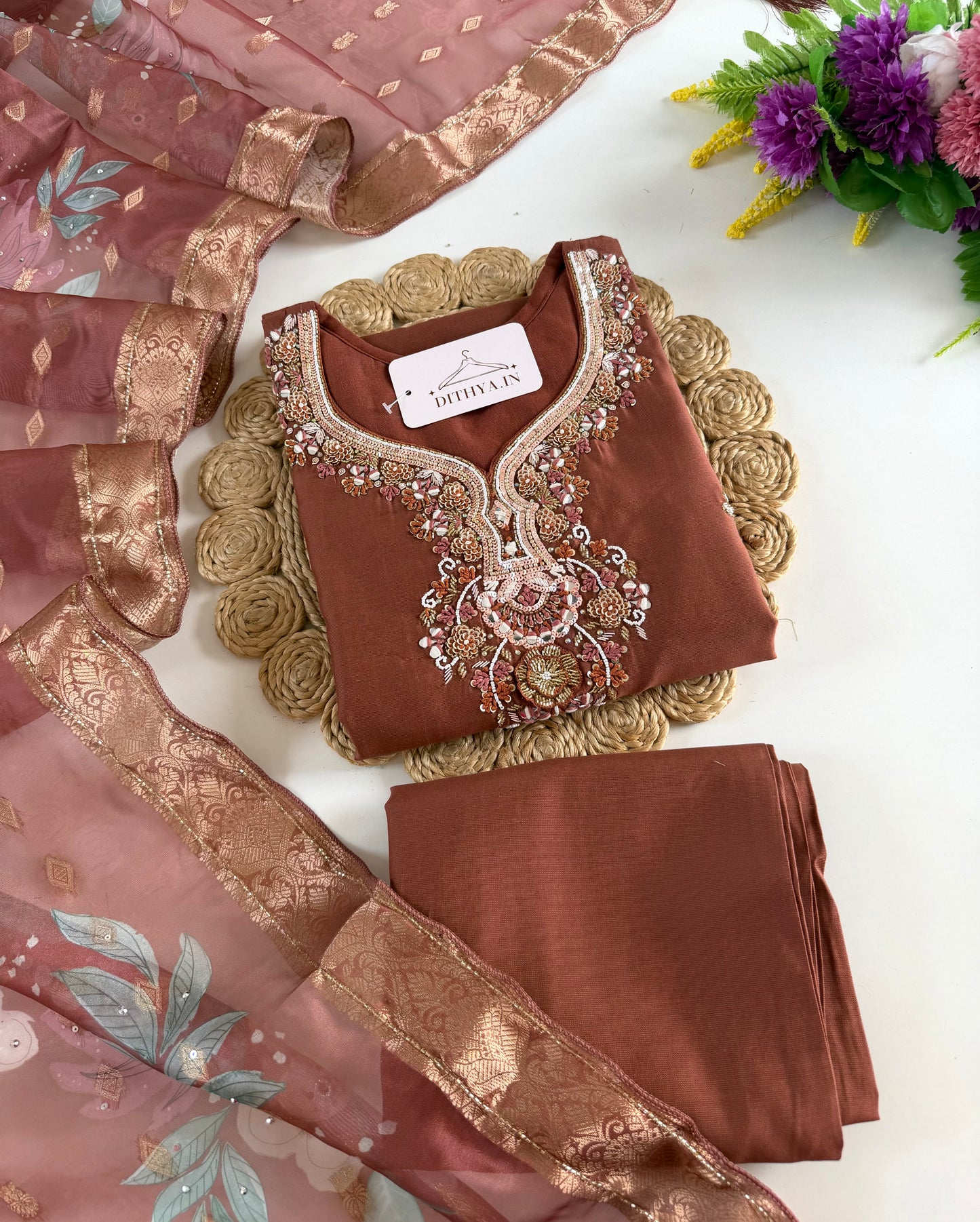 K526 - Roman silk handwork straight Kurti with pants and dupatta