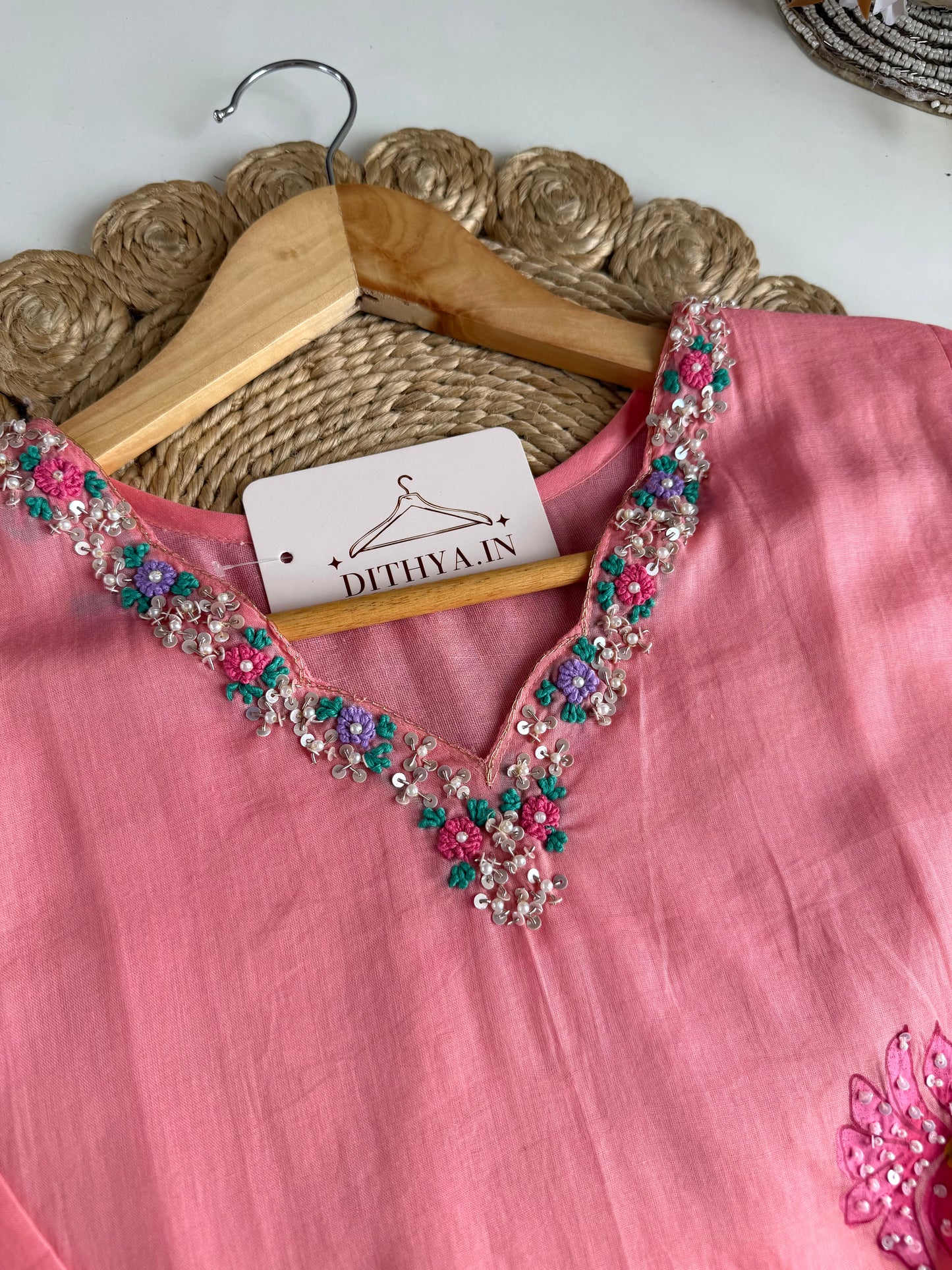 K672 - Mul cotton handwork straight Kurti with pants and dupatta