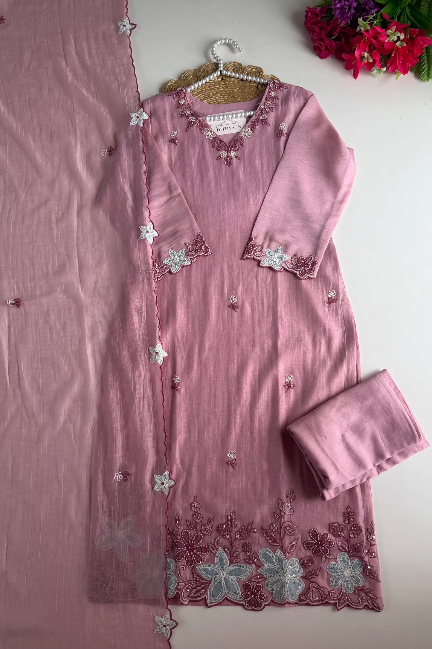 K541 - Mul chanderi handwork straight Kurti with pants and dupatta