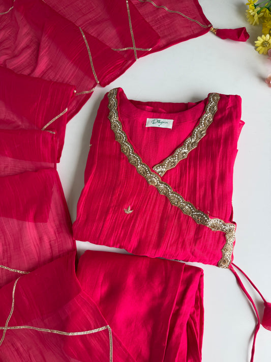 K307 - Pure Banarasi Mul chanderi angrakha embroidered with pants and dupatta
