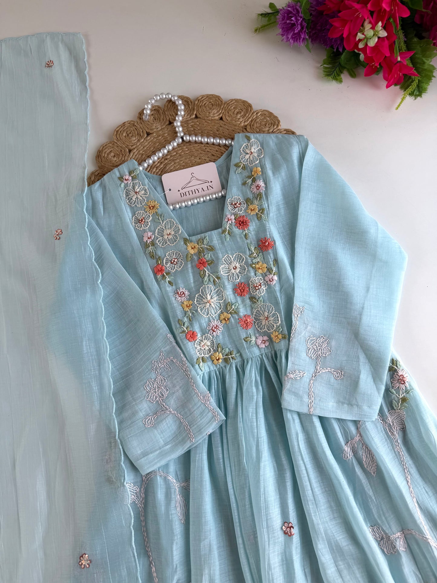 K703 - Mul chanderi embroidered Anarkali with pants and dupatta