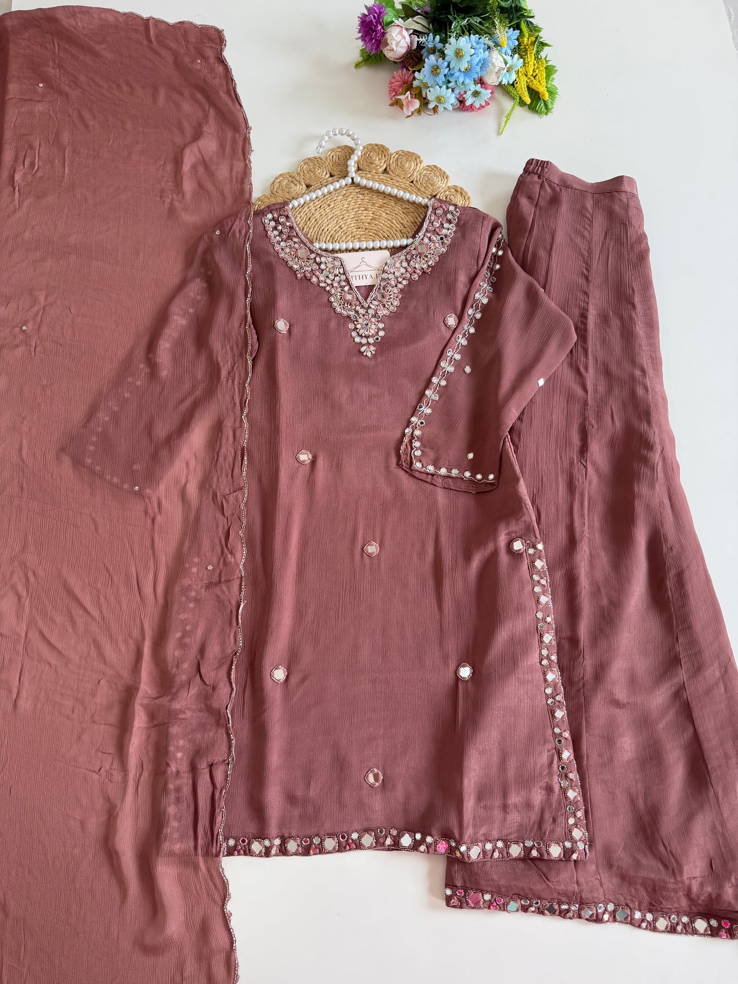 K204 - Pure Chinnon mirror work short Kurti with divider pants and dupatta