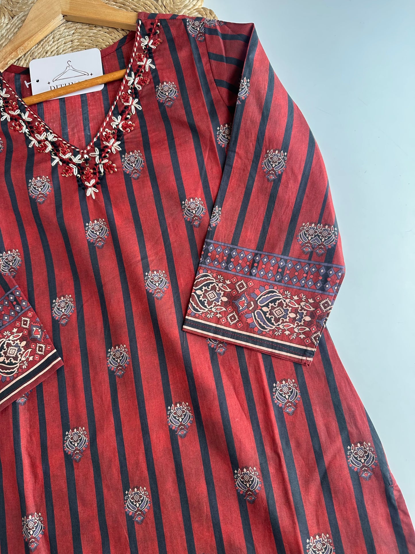 K189 - Mul cotton embroidered straight Kurti with pants and dupatta