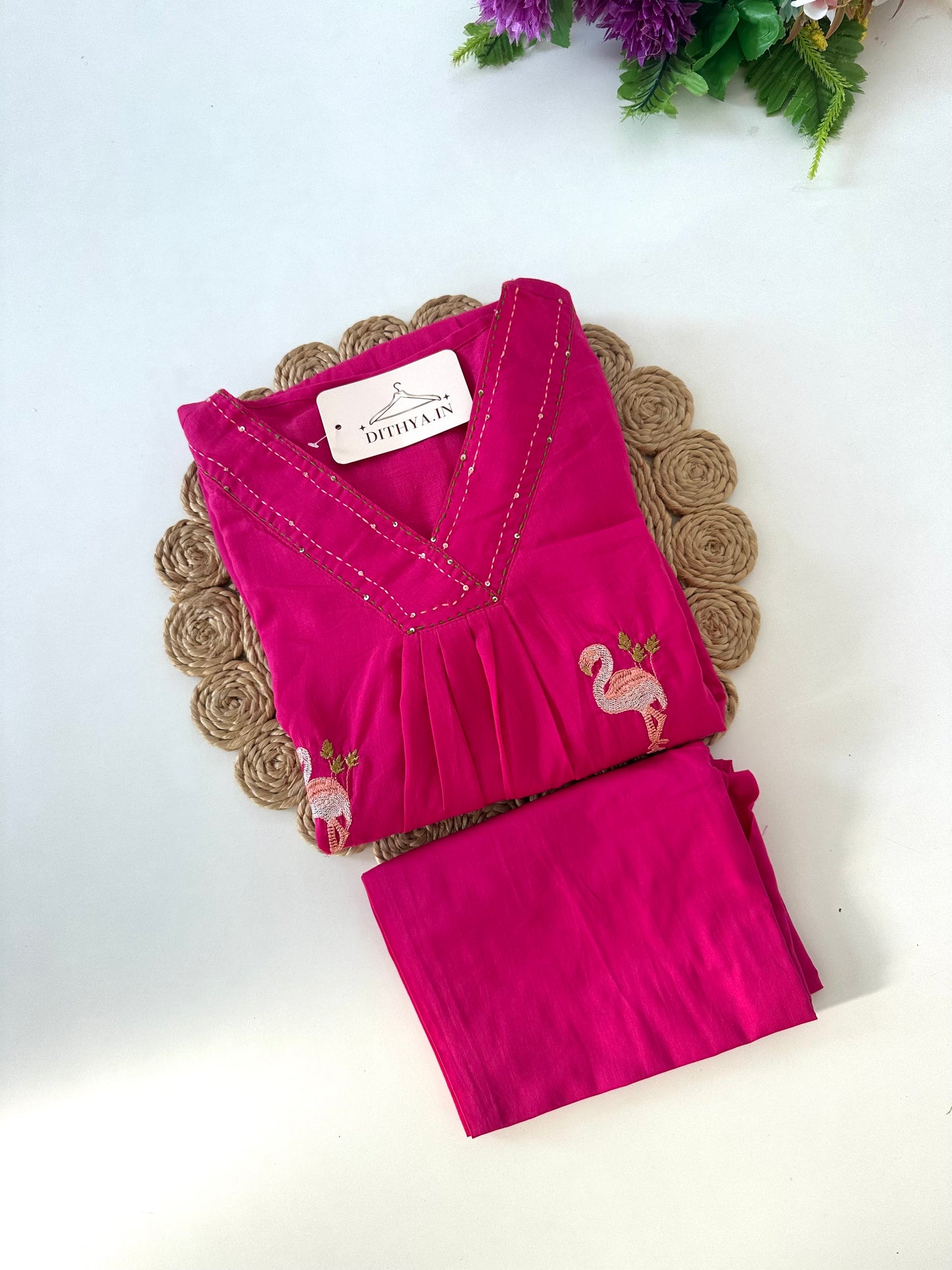 K506 - Mul cotton embroidered Aline Kurti with pants