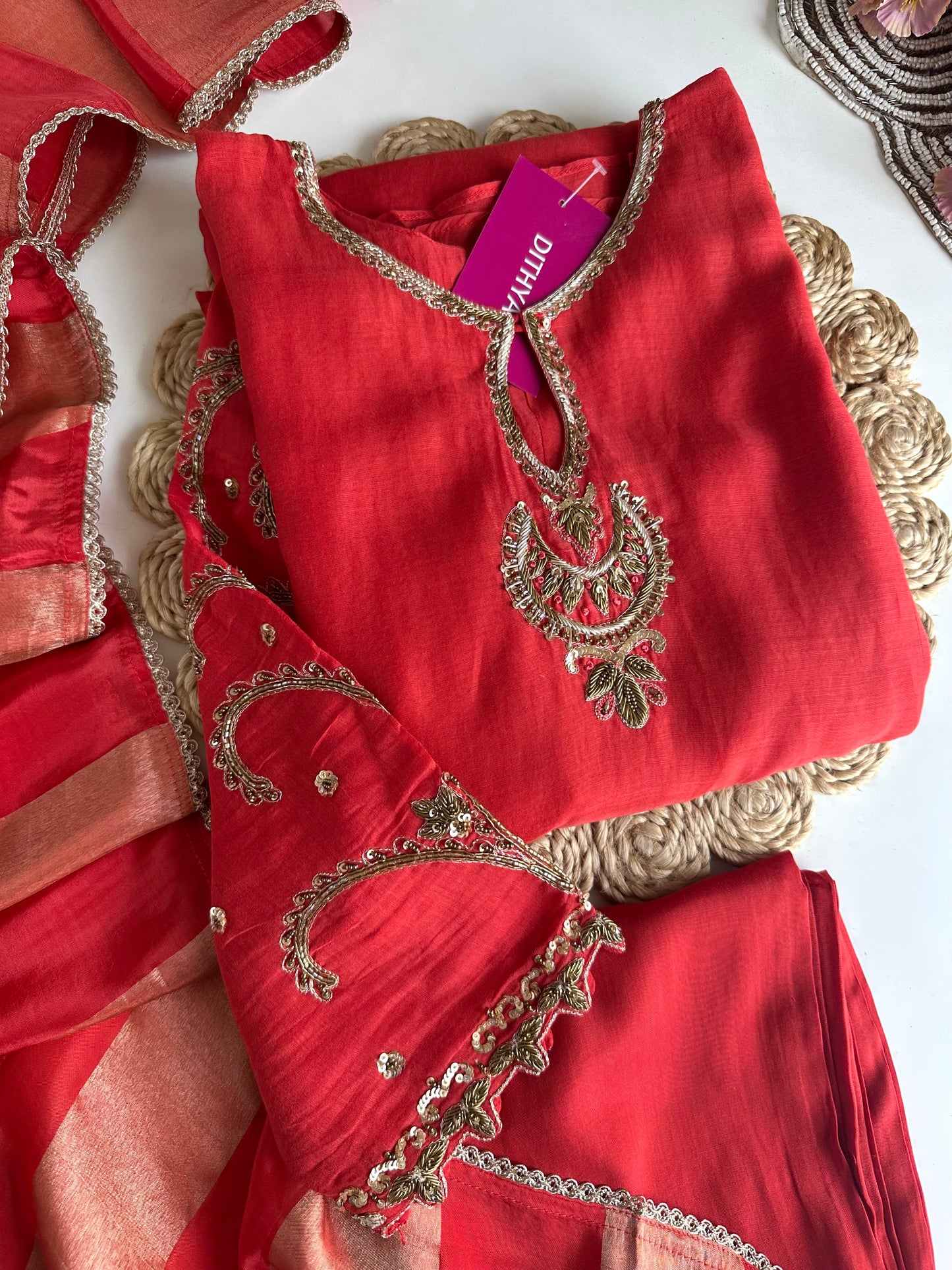 K035 - Mul Chanderi Handwork Aline Kurti with pants and dupatta