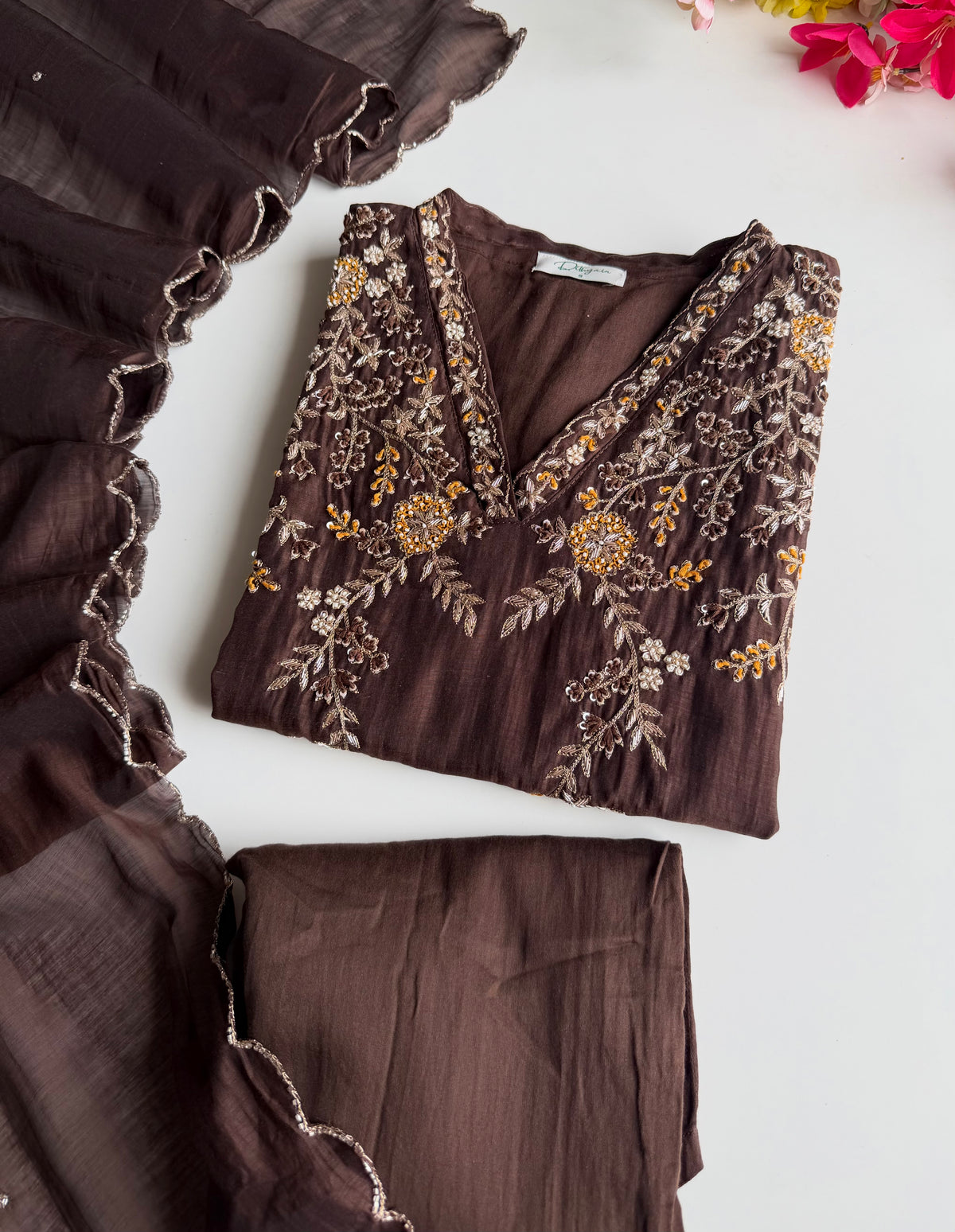 K122 - Mul chanderi handwork straight Kurti with pants and dupatta