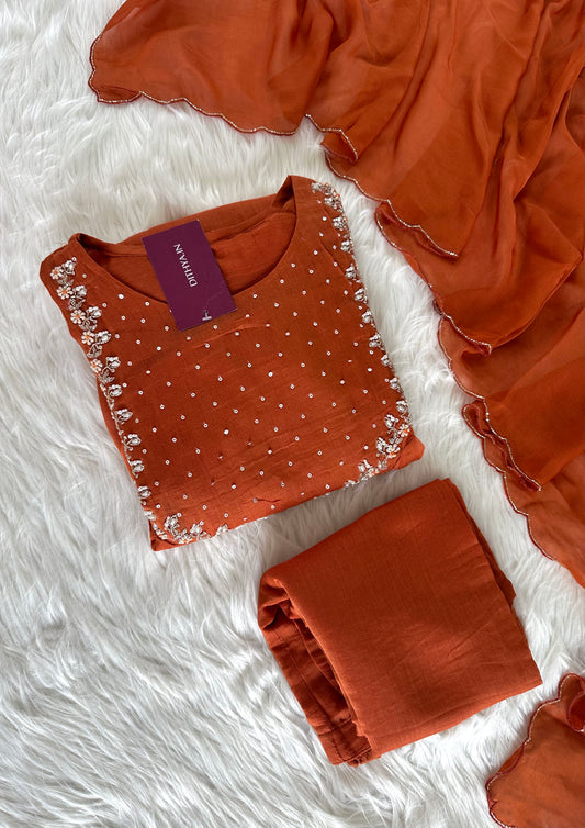 K087 - Mul Chanderi handwork Aline Kurti with pants and dupatta in 3 colours