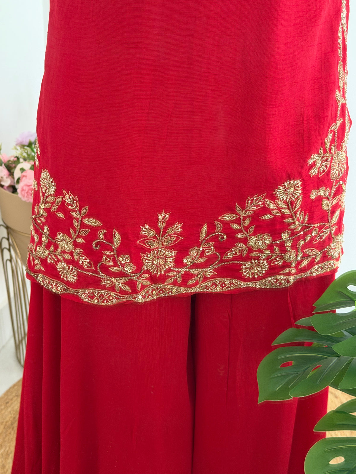 K195 - Russian silk handwork short Kurti with divider pants and dupatta