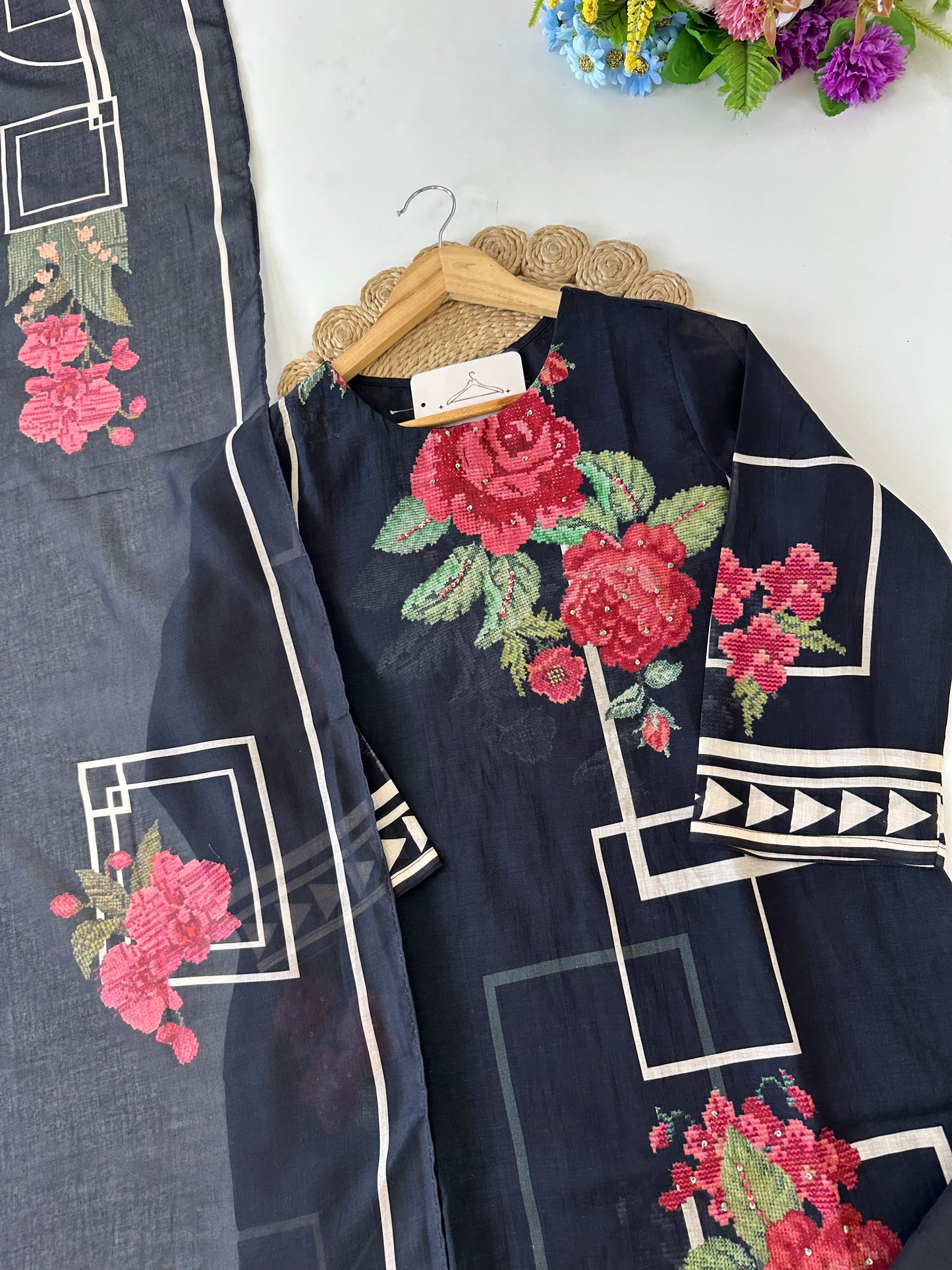 K020 - Mul cotton printed straight Kurti with pants and dupatta