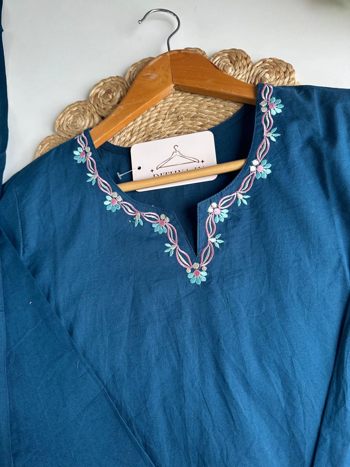 K198 - Mul cotton embroidered straight Kurti with pants and dupatta