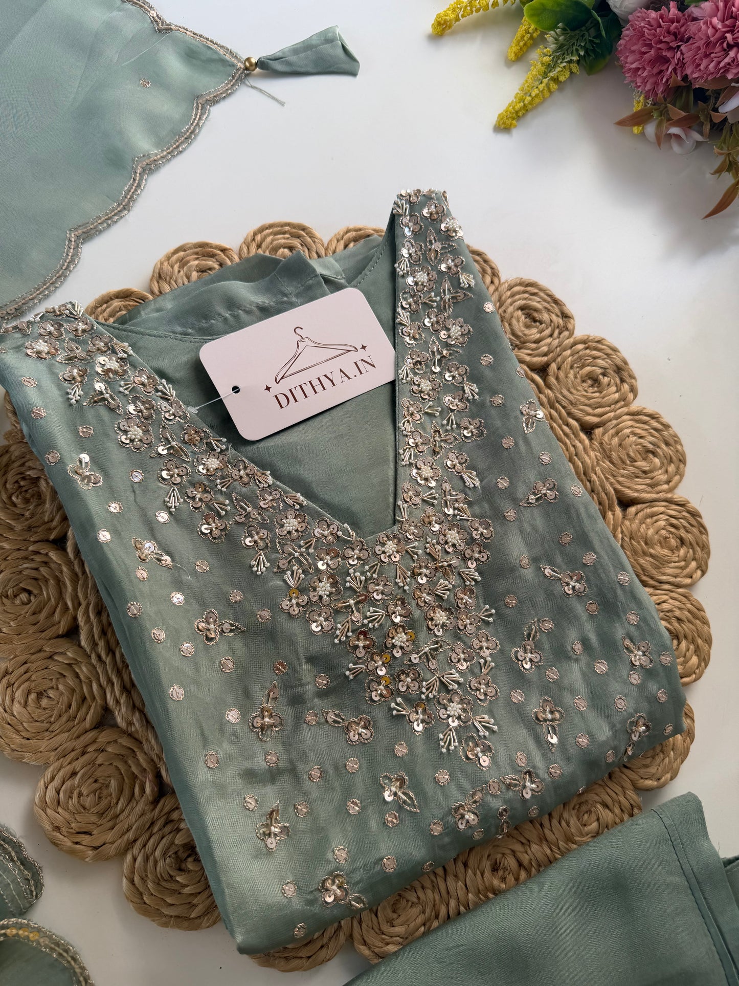 K082 - Ho silk Handwork straight Kurti with pants and dupatta