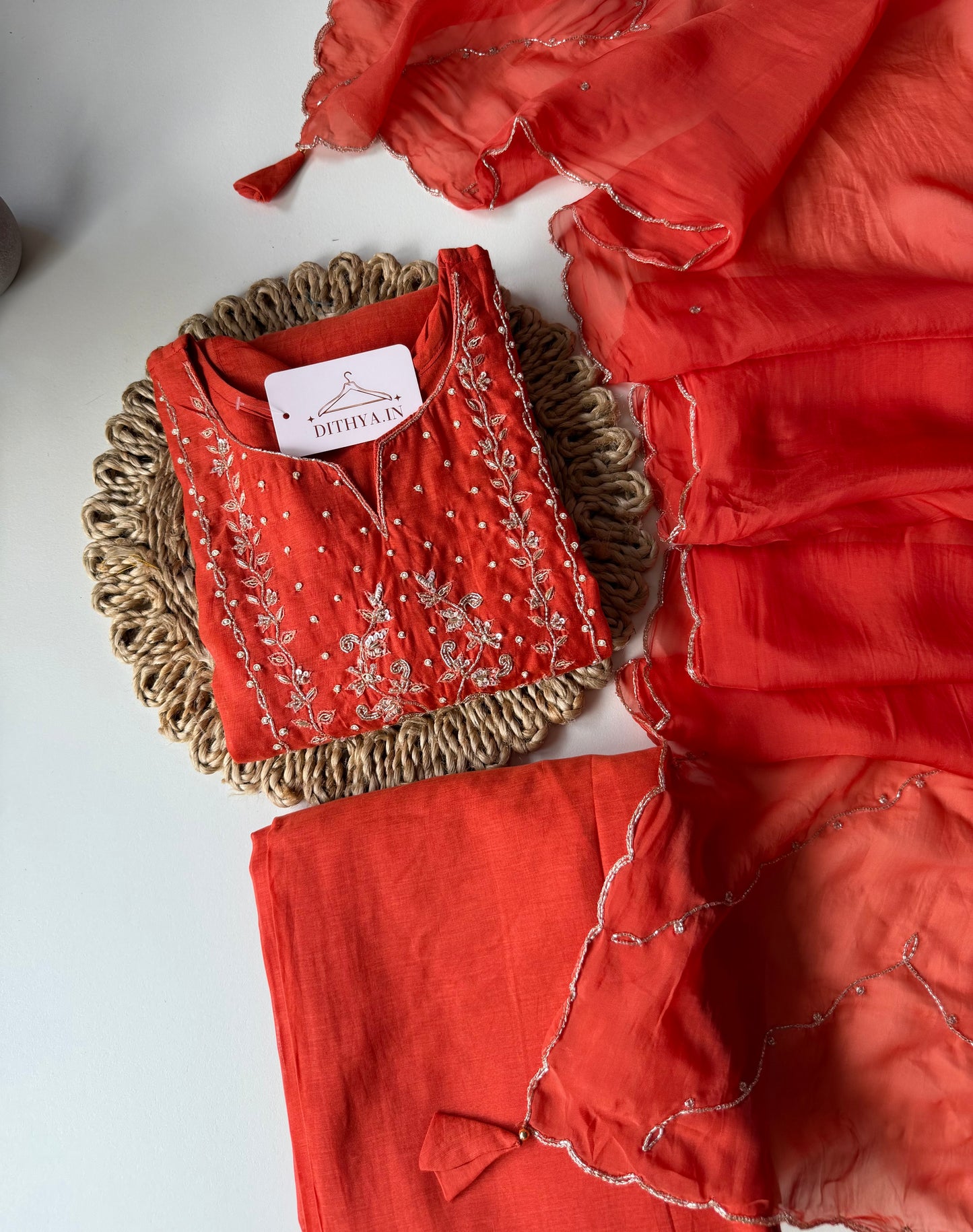 K589 - Mul chanderi handwork short Kurti with palazzo and dupatta