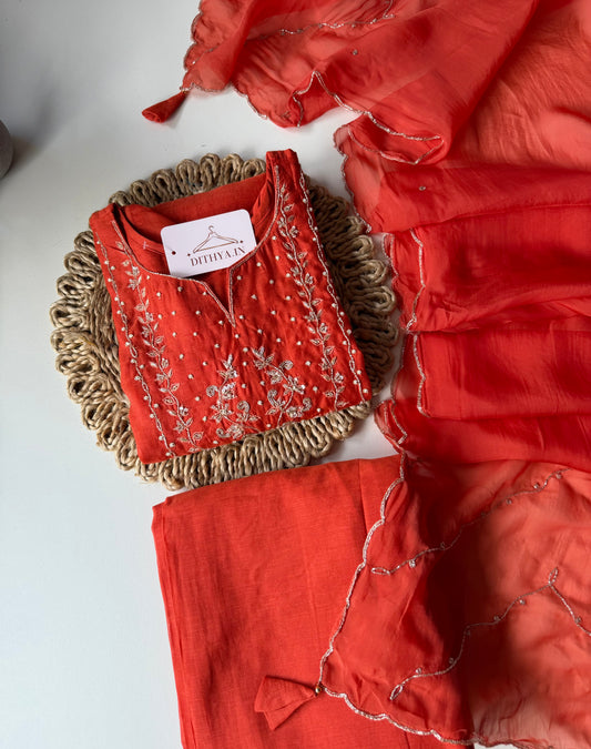 K589 - Mul chanderi handwork short Kurti with palazzo and dupatta