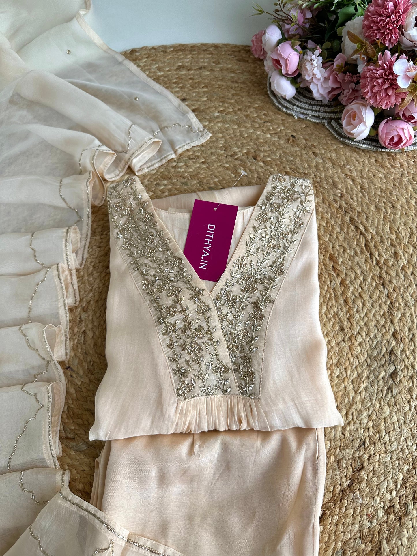 K165 - Mul Chanderi handwork Aline Kurti with pants and dupatta