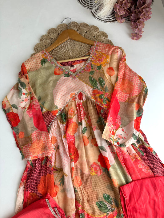 D152 - Chinnon Silk Alia cut Anarkali with pants and dupatta