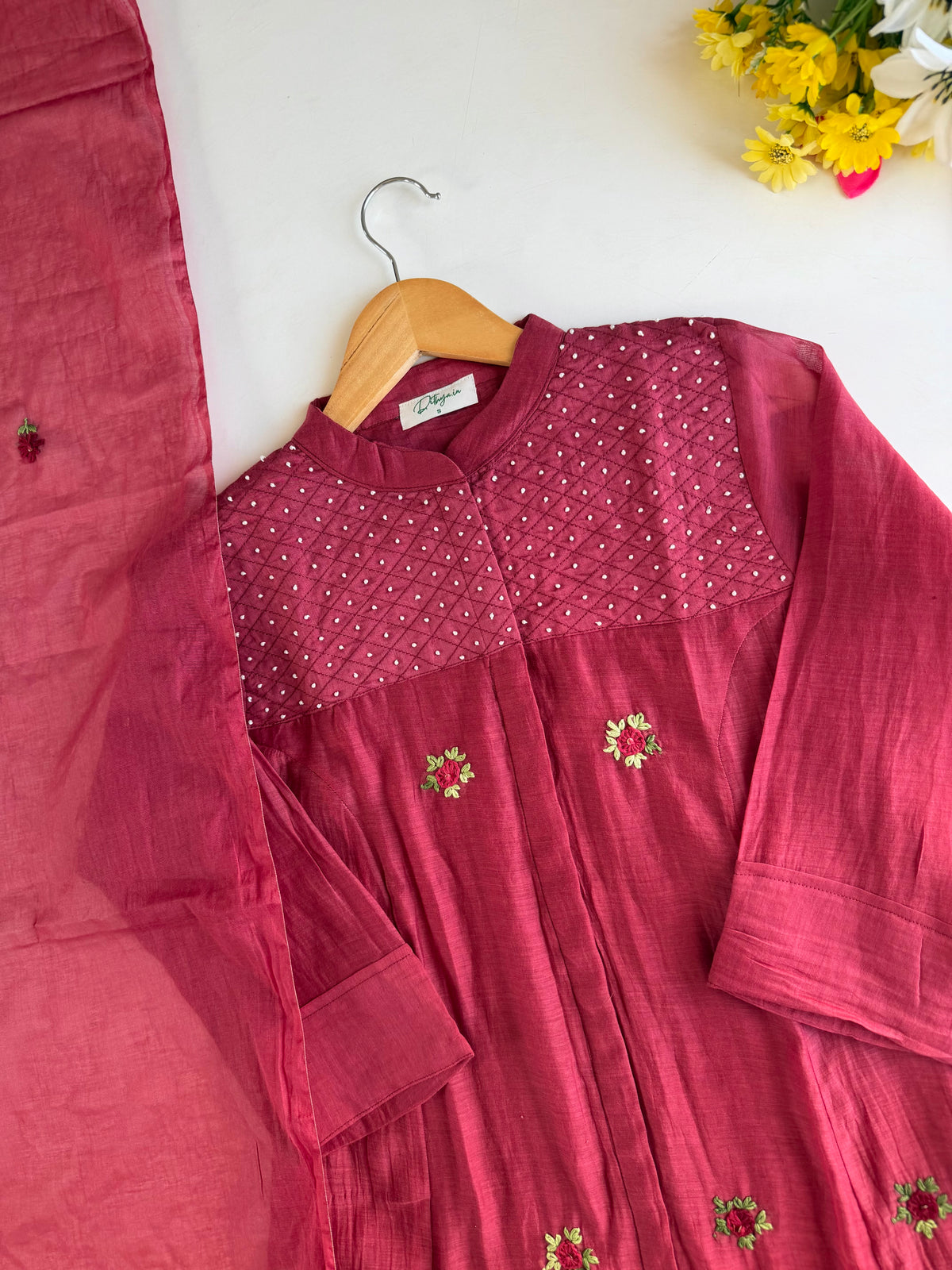 K086 - Mul chanderi embroidered Aline Kurti with pants and dupatta