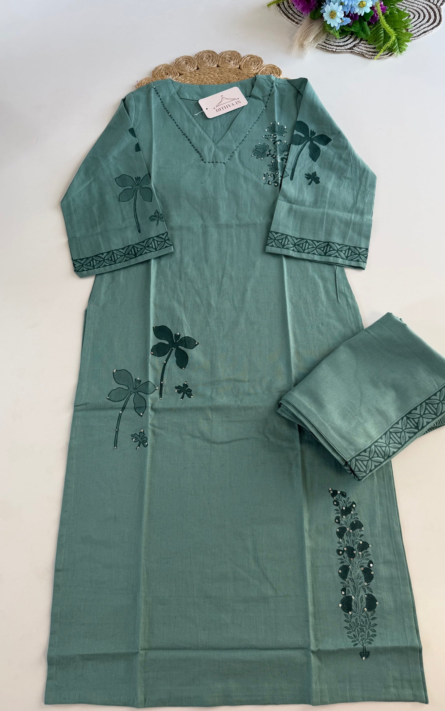 K597 - Cotton embroidered straight Kurti with pants and dupatta