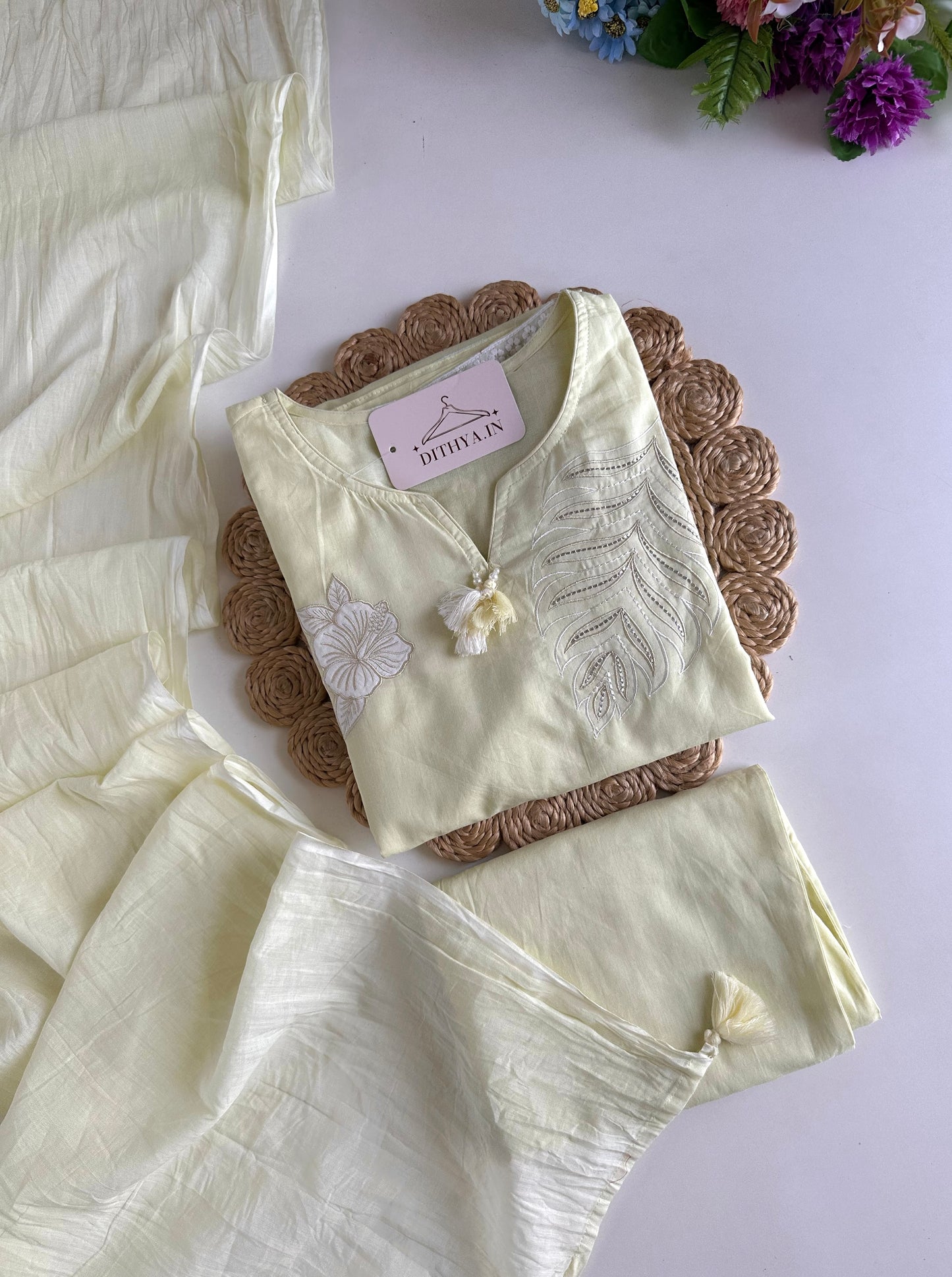 K159 - Mul cotton embroidered straight Kurti with pants and dupatta