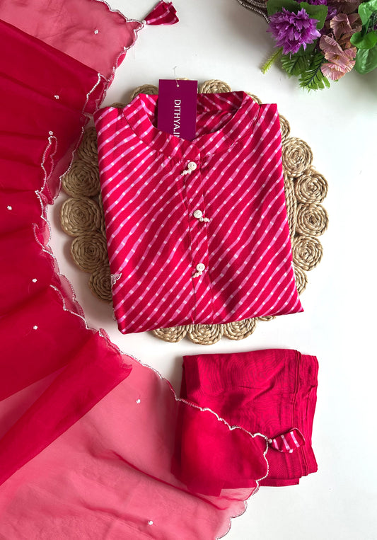 K322 - Russian silk leheriya handwork straight Kurti with pants and dupatta