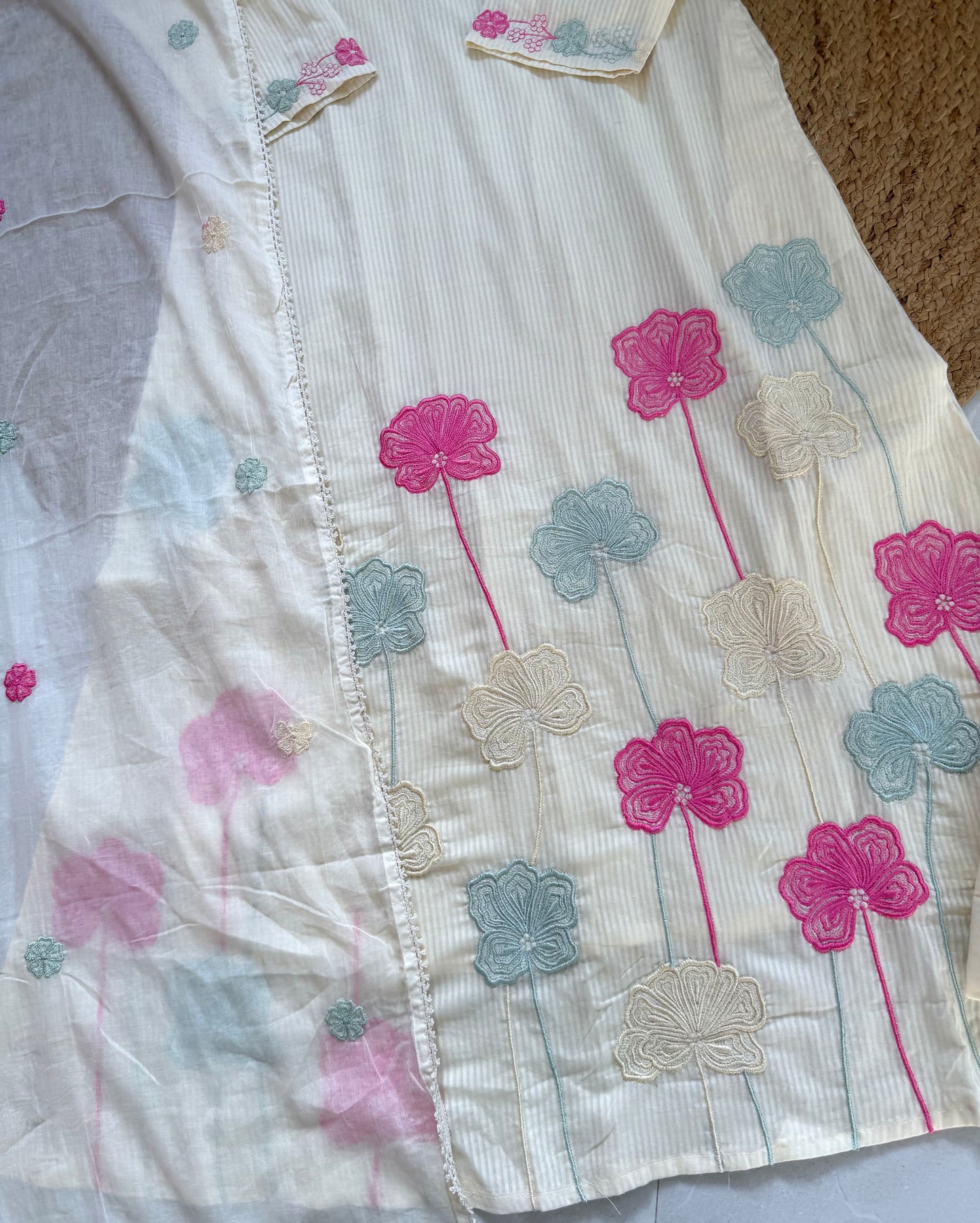 K491 - Mul cotton appliqué work aline Kurti with pants and dupatta