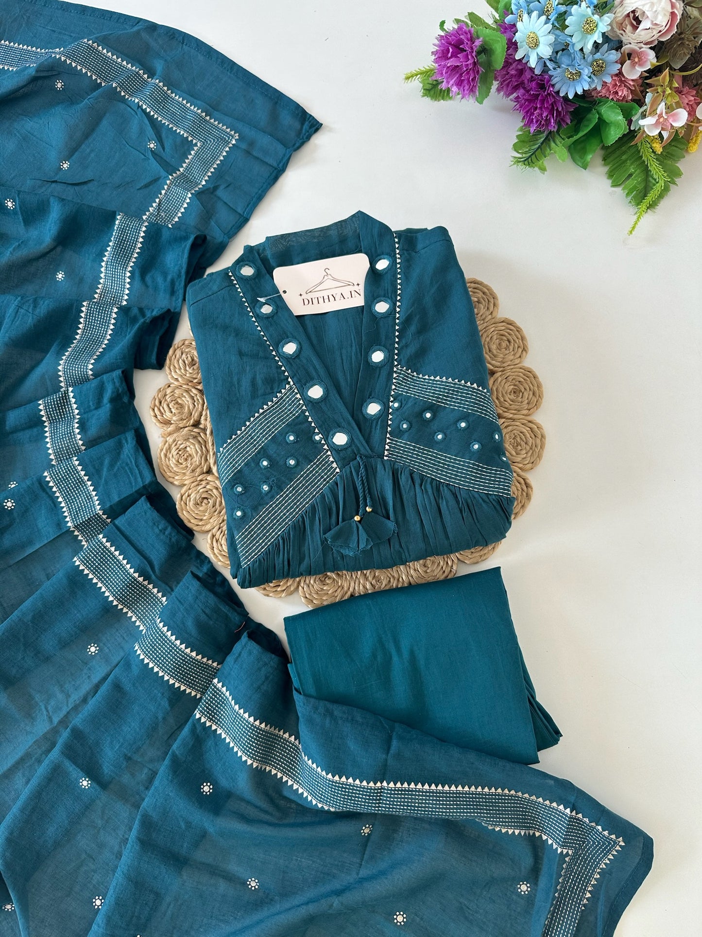 K387 - Mul cotton mirror work Anarkali with pants and dupatta