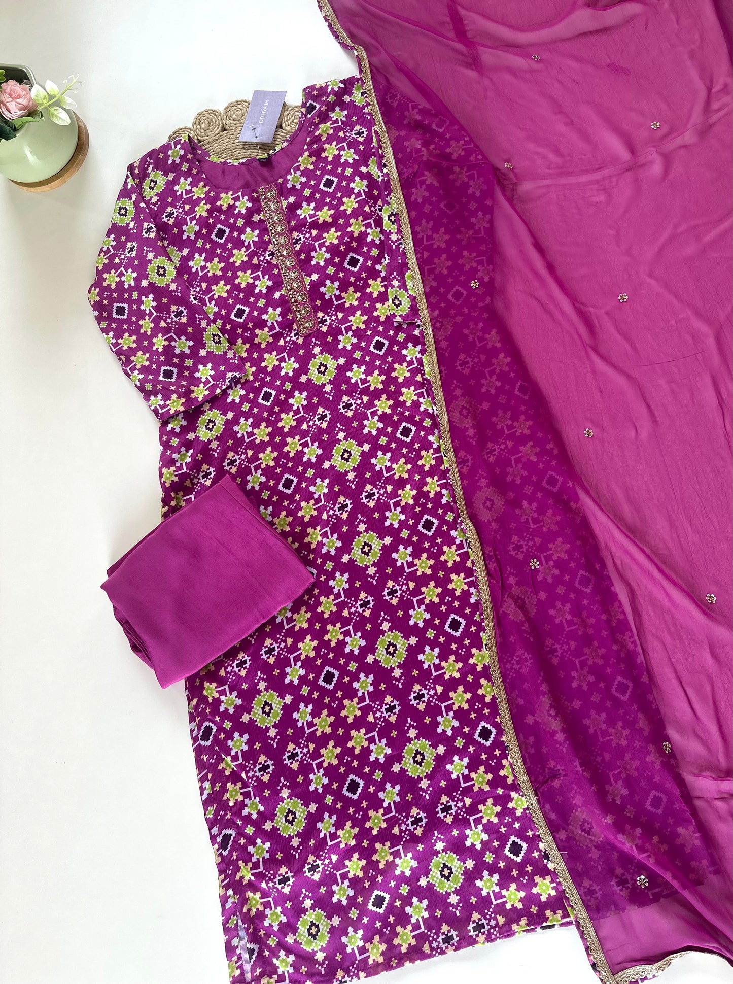 K430 - Viscose organza patola print straight Kurti with pants and dupatta