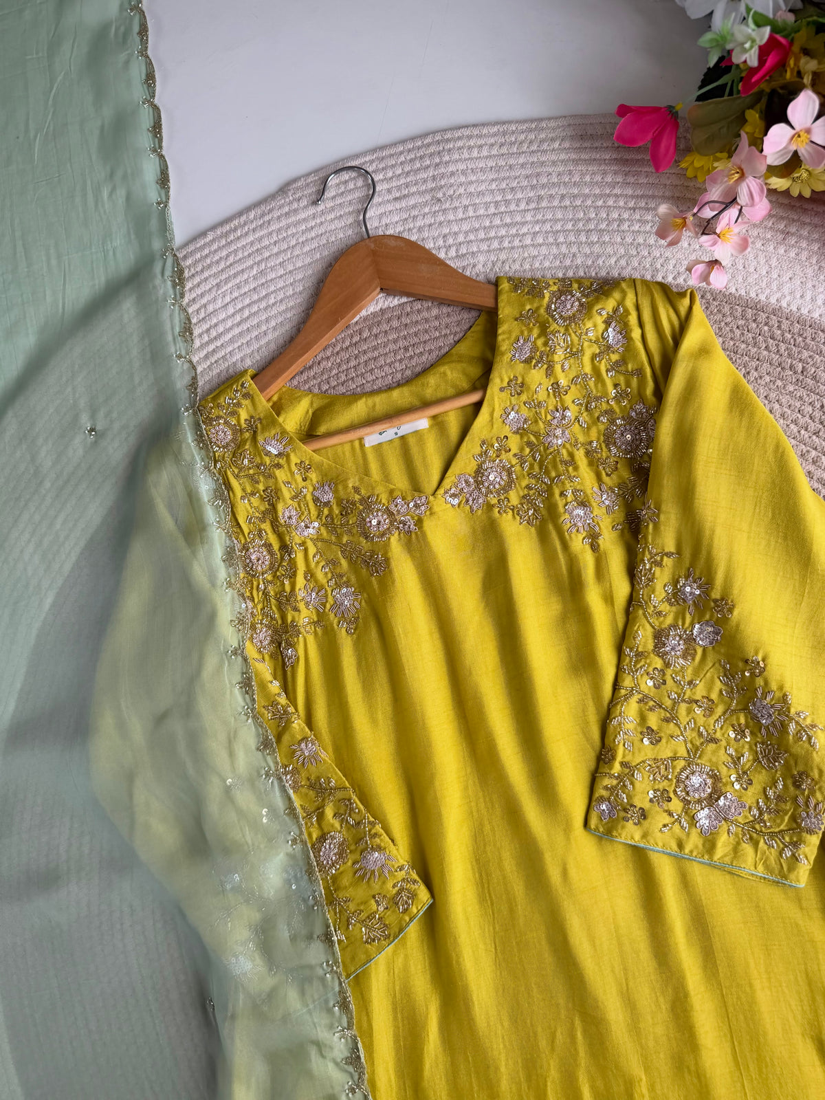 K352 - Russian silk handwork aline Kurti with pants and dupatta