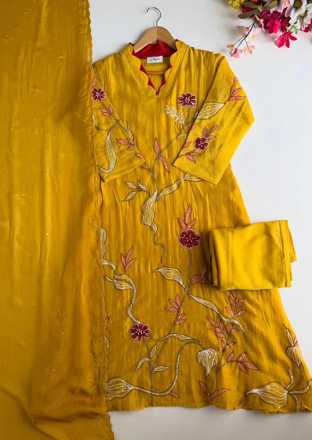 K453 - Mul chanderi appliqué embroidered Aline Kurti with pants and dupatta