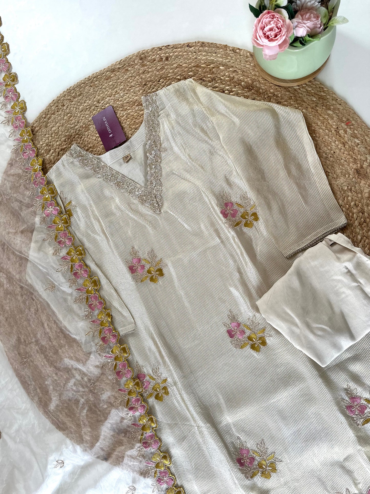 K341 - Shimmer Tissue silk V neck straight kurti with pants and organza dupatta.