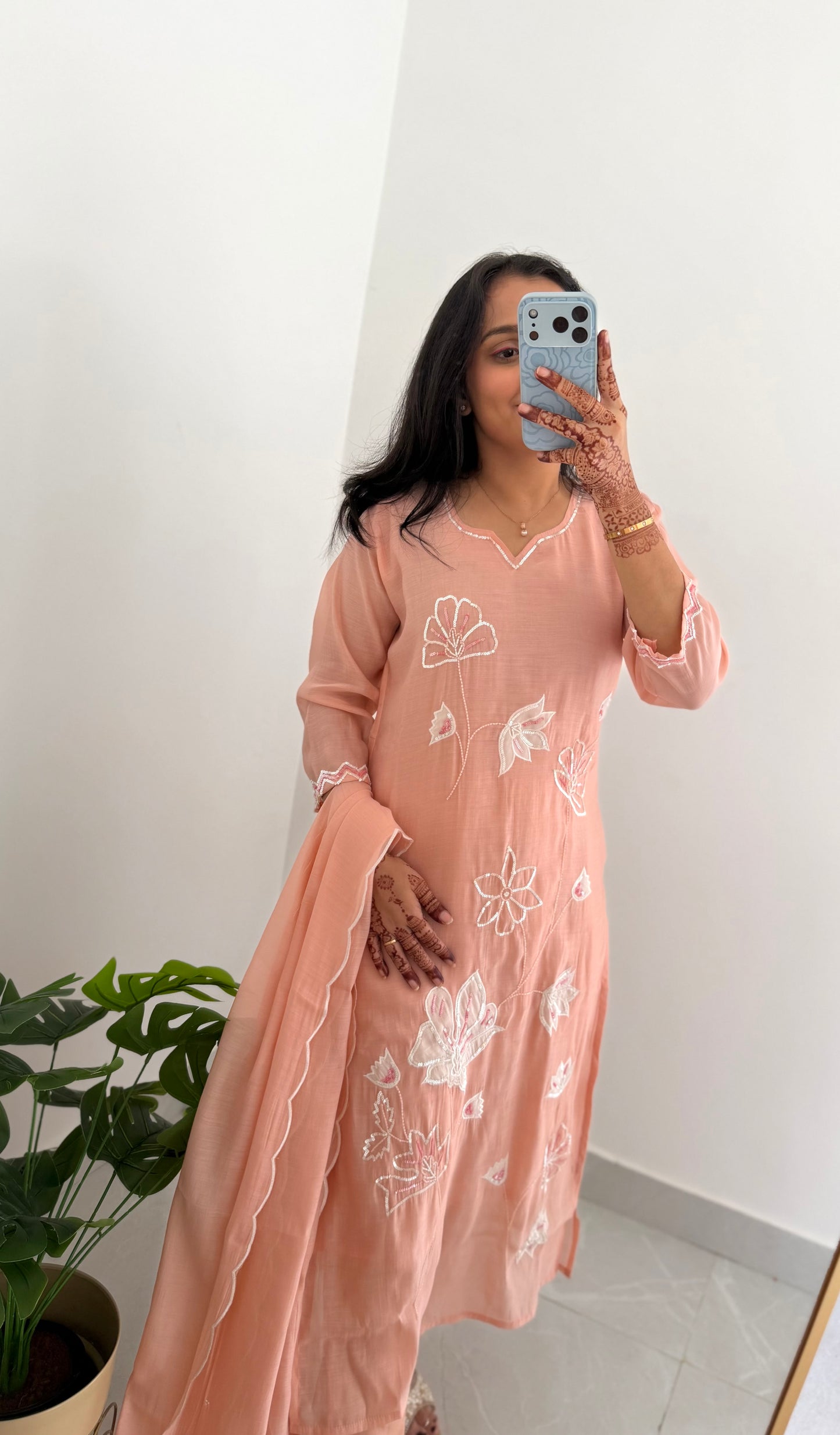 K237 - Mul chanderi appliqué work straight Kurti with pants and dupatta