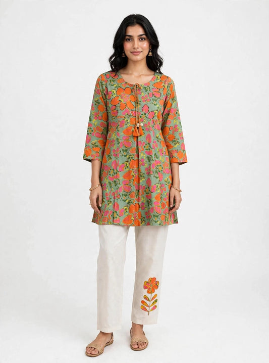 K357 - Pure Mul cotton embroidered short Kurti with pants