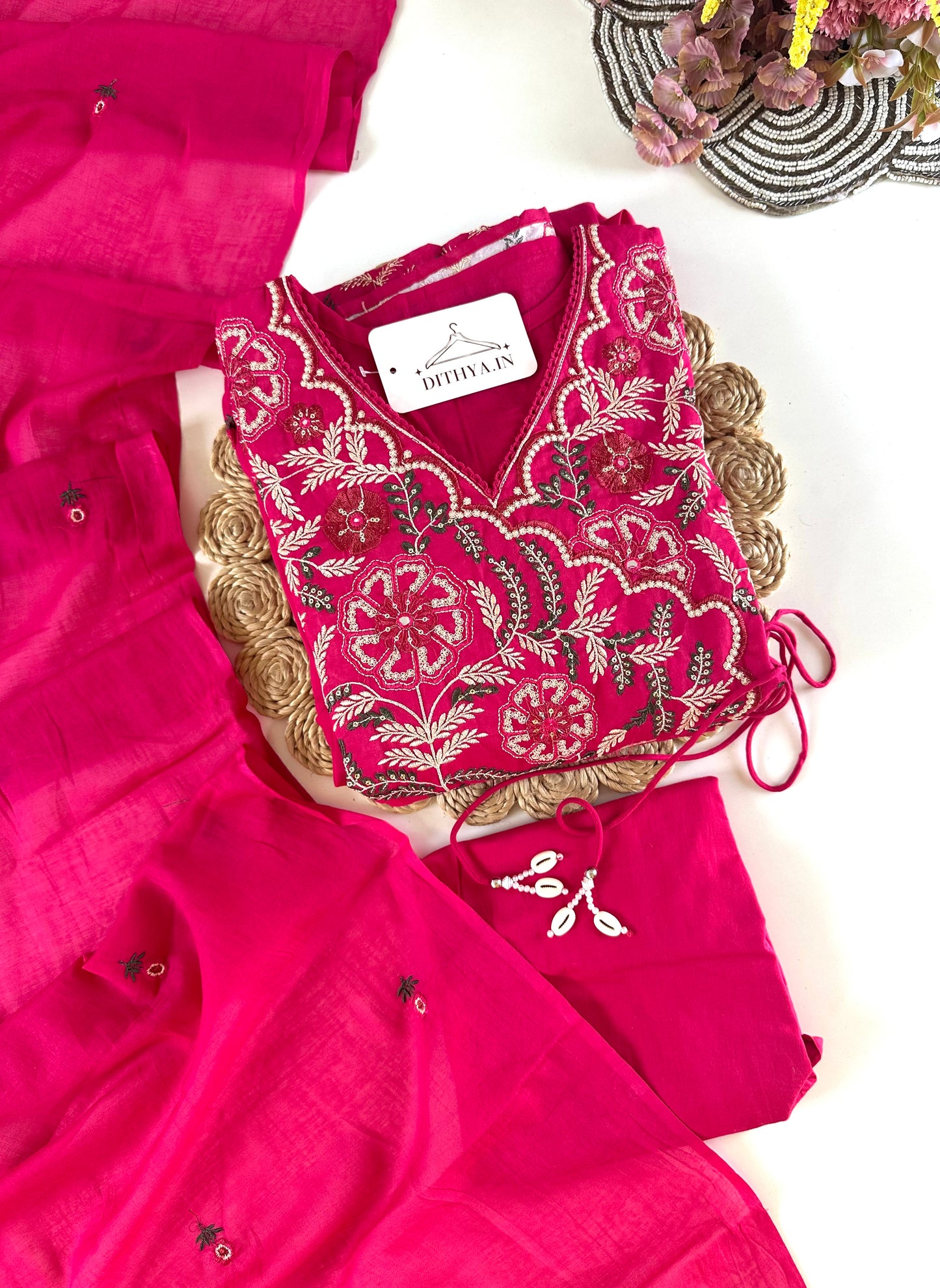 K694 - Mul cotton embroidered Anarkali with pants and dupatta