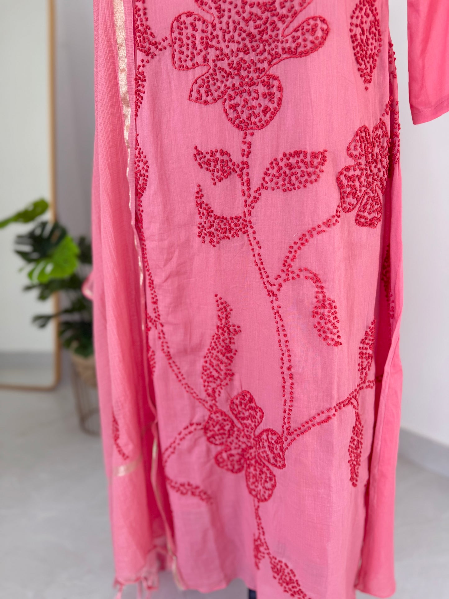 K495 - Mul chanderi embroidered Aline Kurti with pants and dupatta