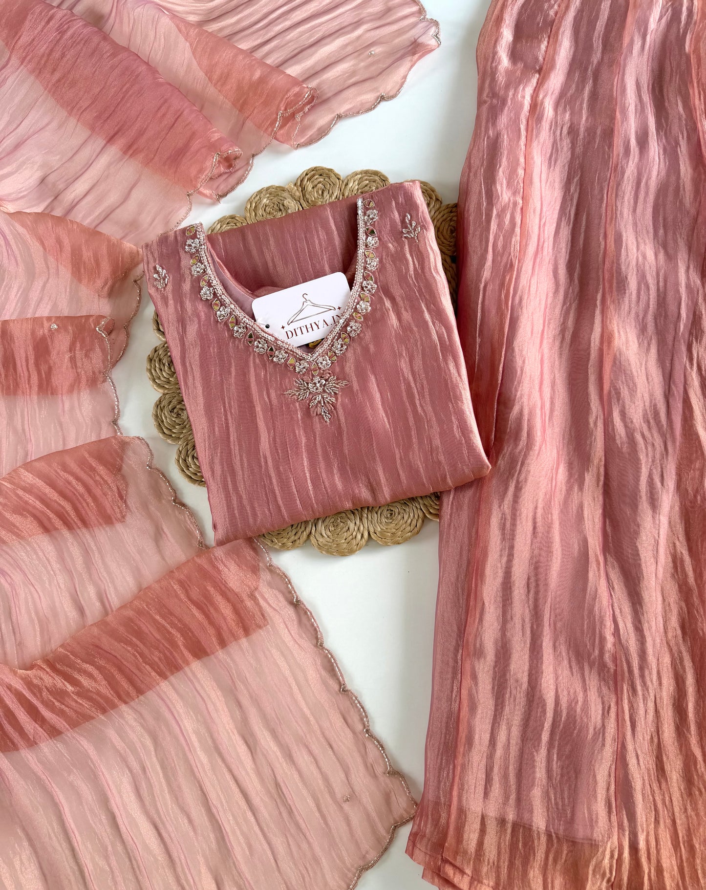 K500 - Glass tissue silk handwork short Kurti with divider pants and dupatta