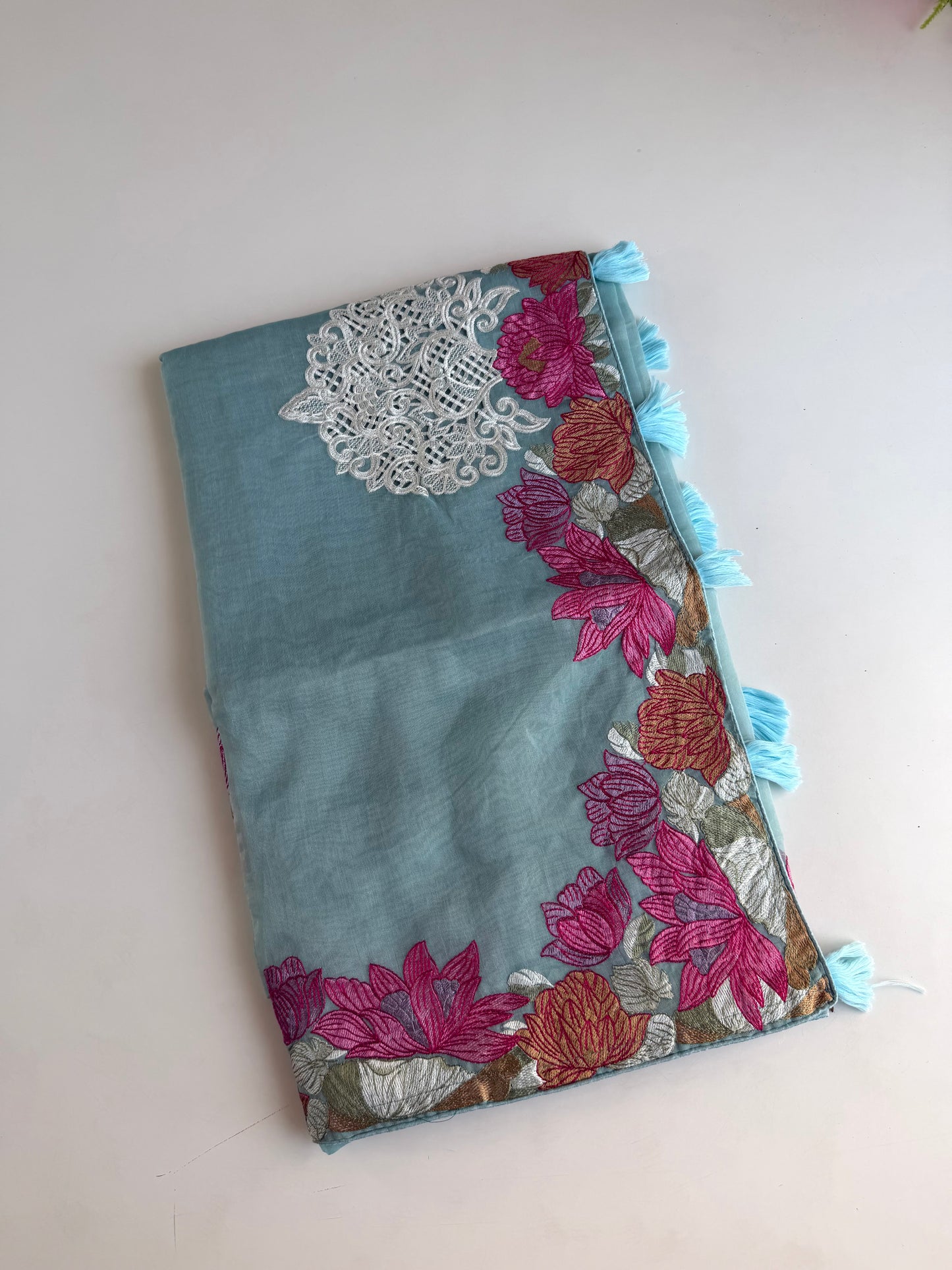 S020 - Soft organza appliqué embroidered saree in 3 colours