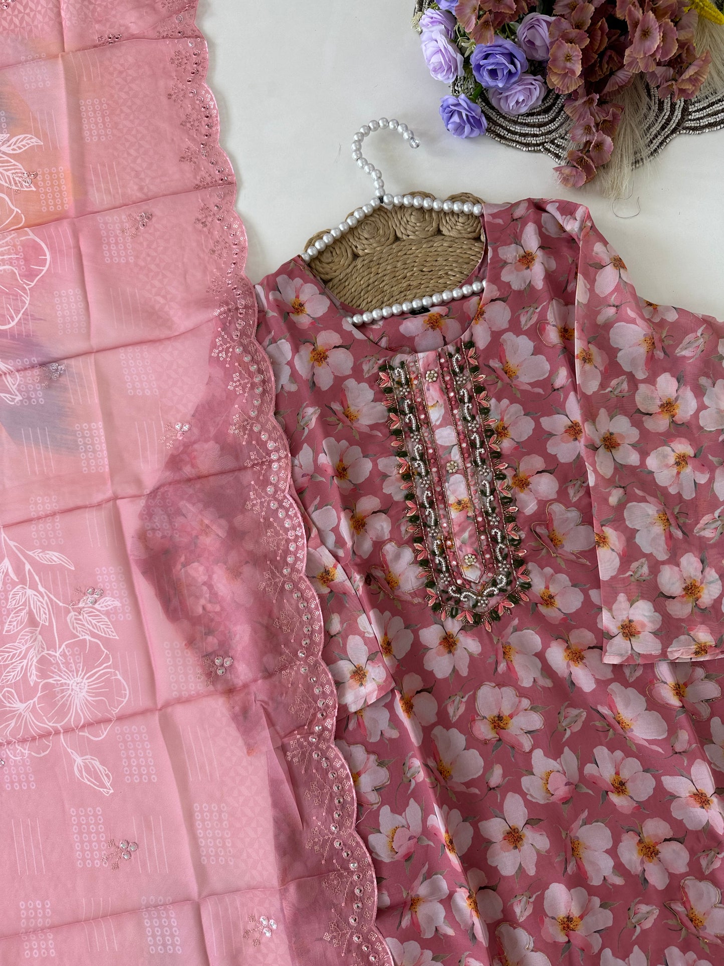 D409-Organza straight kurti with pants and dupatta