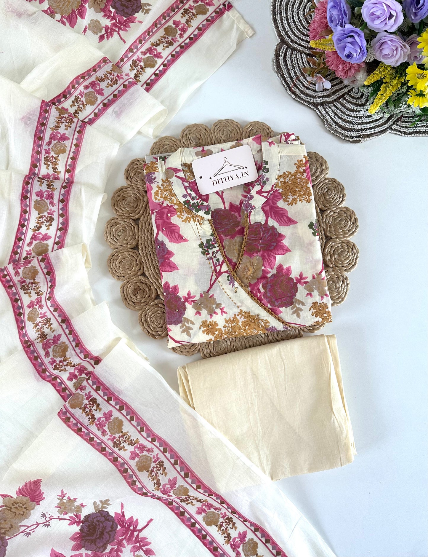 K244 - Mul cotton printed embroidered straight Kurti with pants and dupatta